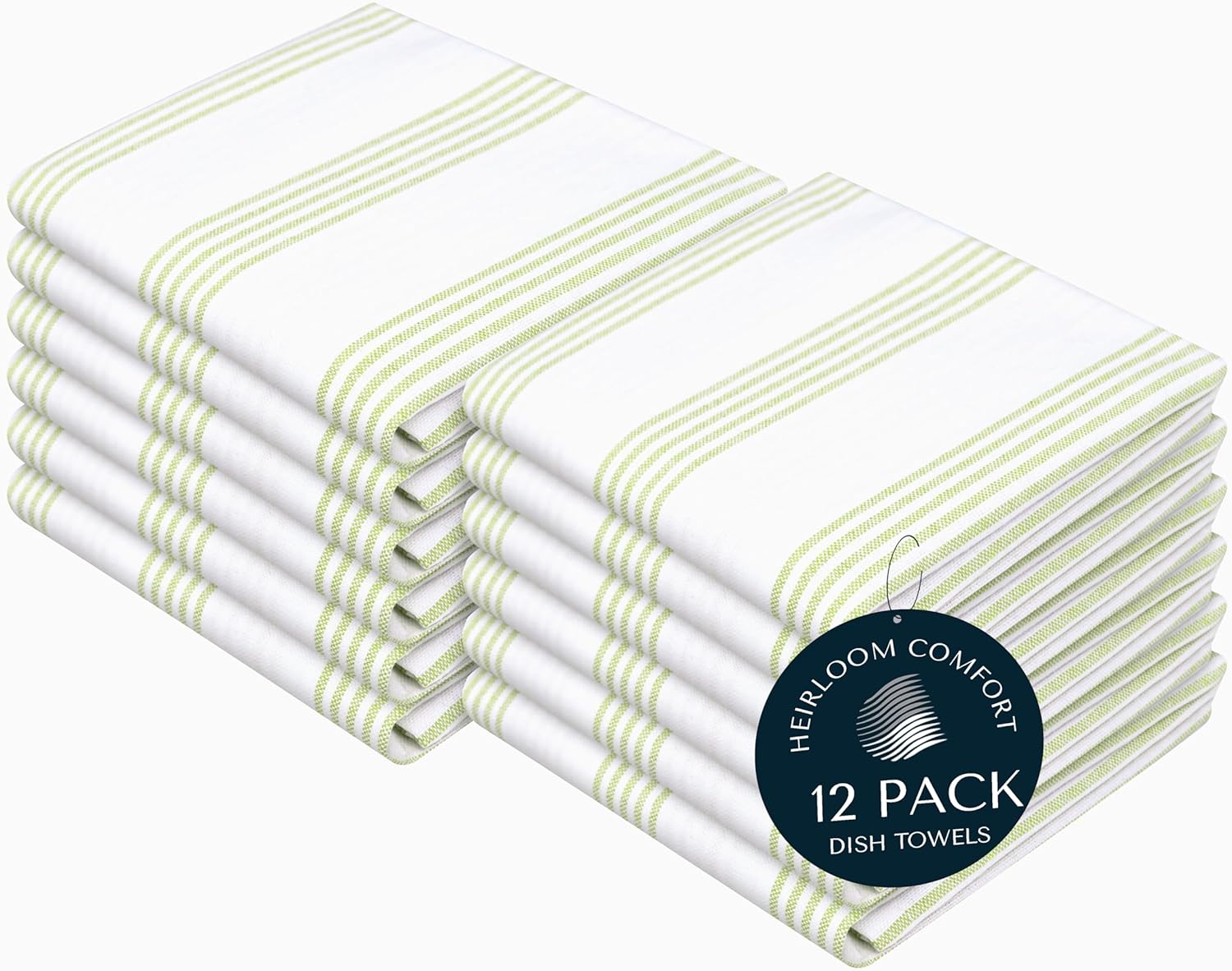 Lemon Green Stripe Kitchen Towels (12 Pack), 100% Cotton, Multi Pin Striped, Super Absorbent & Durable Dish Cloths, Quick Dry Towel Set for Drying Dishes, Everyday Kitchen Cleaning