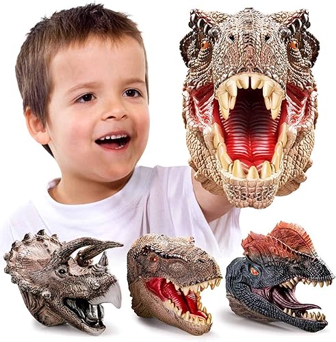 Geyiie Juguetes de marionetas de mano de dinosaurio para niños juego de juguetes de dinosaurio para niños de 3 a 5 años T-Rex Triceratops titeres