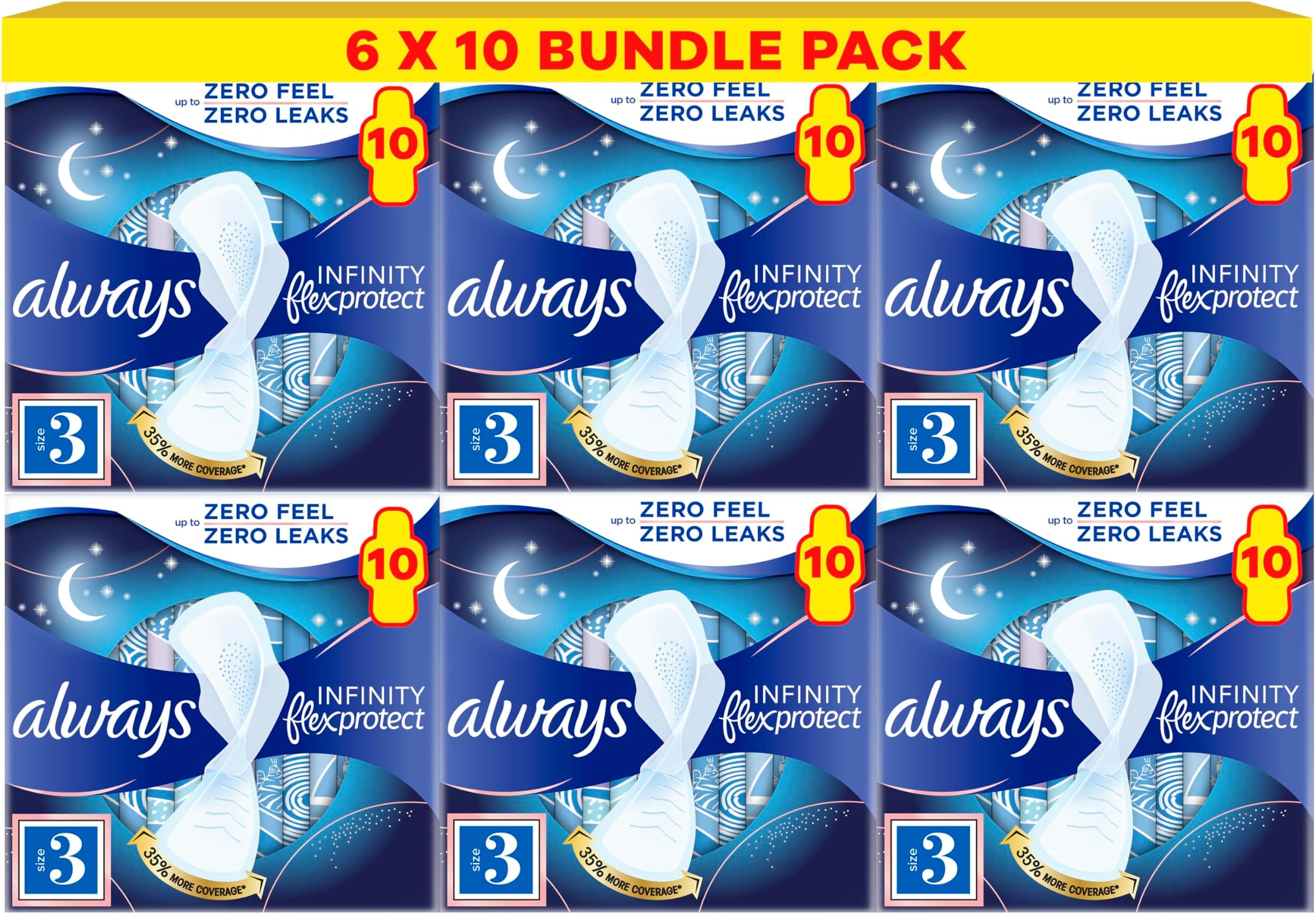 Infinity Flex Protect Night Size 3 Sanitary Towels With Wings 10 Pads X Pack of 6