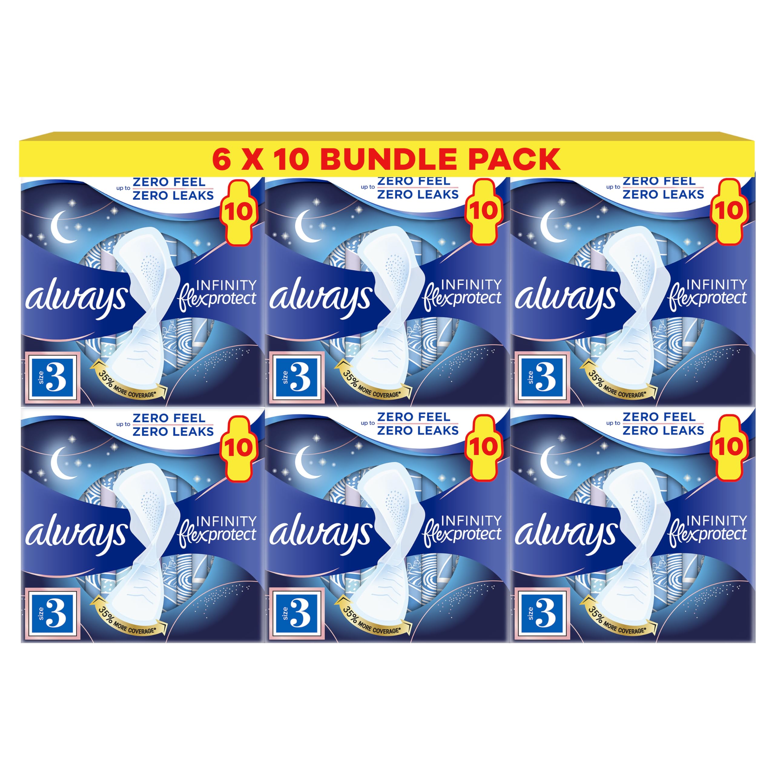 Always Infinity Flex Protect Night Size 3 Sanitary Towels With Wings 10 Pads X Pack of 6