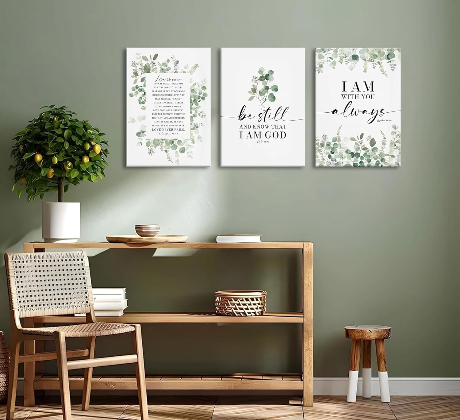 3pcs Bible Plants Canvas Wall Art Christian Botanical Poster Prints Eucalyptus Leaf Pictures Sage Green Inspirational Wall Decor for Living Room Bedroom Bathroom 12x16in Framed