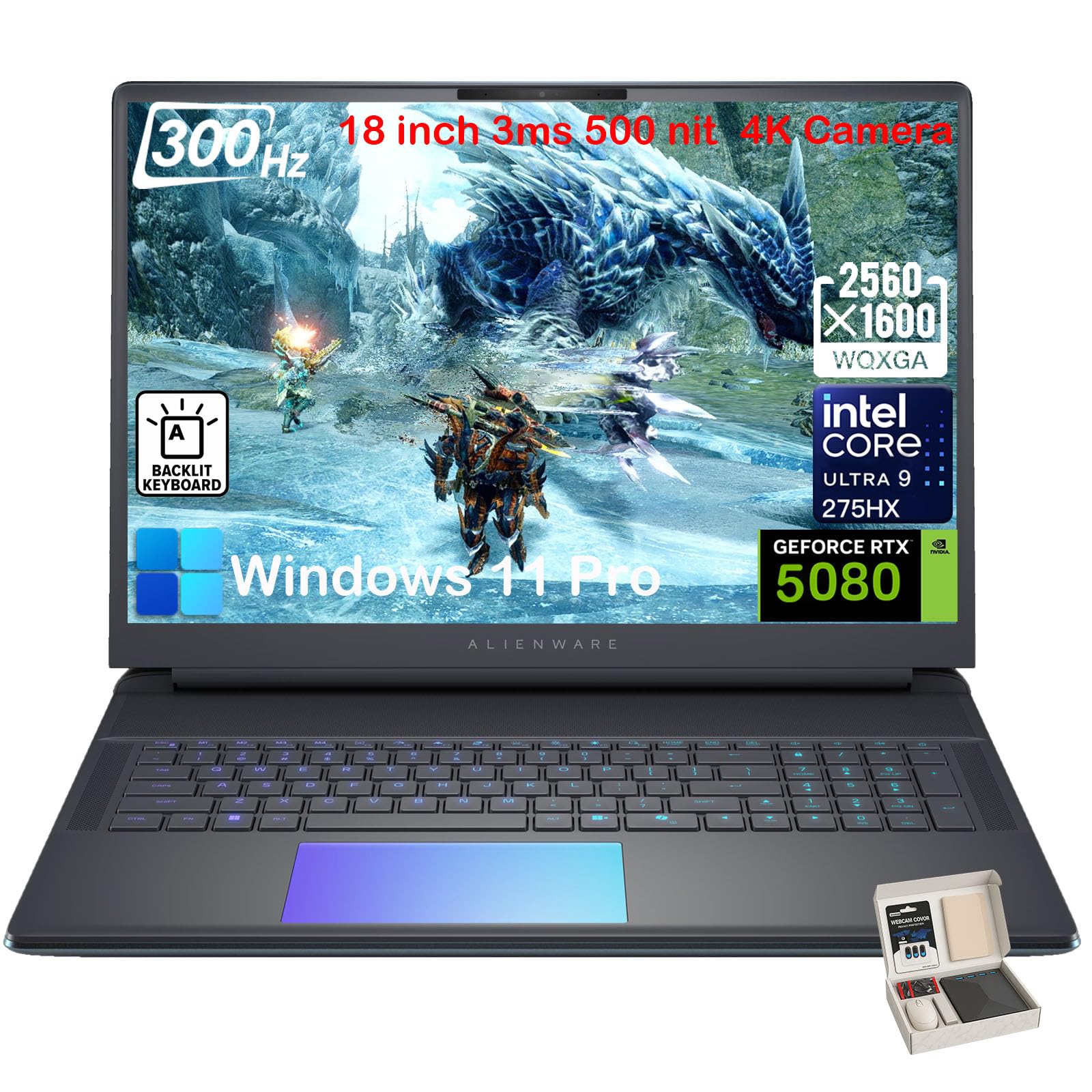18 Area 51 Gaming Laptop, RTX 5080 16GB GDDR7, Intel Ultra 9 275HX, 18" WQXGA 300Hz Display, Windows 11 Pro, AlienFX RGB KB, 4K Camera, w/Accessories(64GB DDR5 | 1TB SSD)