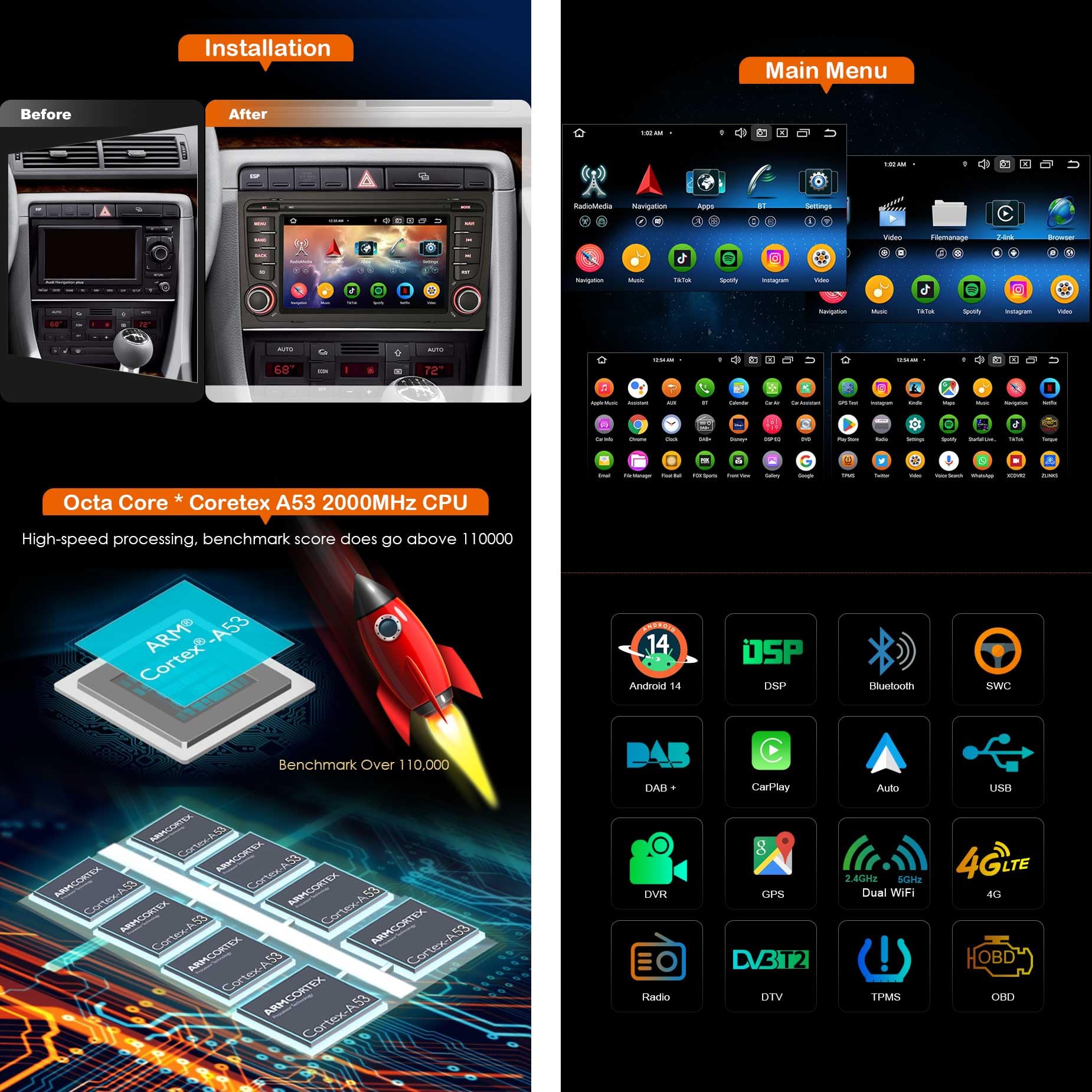 Erisin 8-Core 4GB+64GB Android 14 Radio Coche Estéreo de Automóvil para Audi A4 S4 RS4 8E B9 Seat Exeo 7" GPS Navegación IPS Wireless CarPlay Android Auto DSP Bluetooth 5.0 WiFi Dab+ USB Canbus OBD2