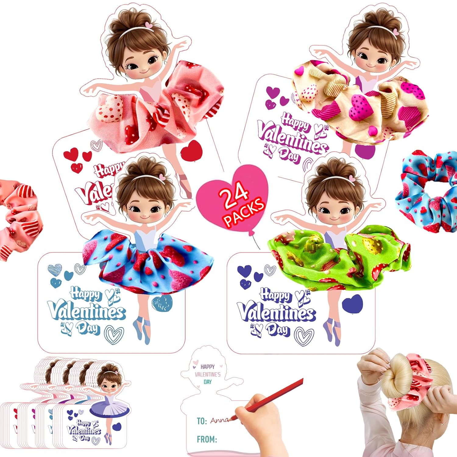 Easter basket stuffers for teens toddler 24 Pack Ballerina Cards with Hair Scrunchies for Valentine Classroom Exchange Gifts,Elastic Hair Tie with Valentines Day Cards for Kids School Party Favors
