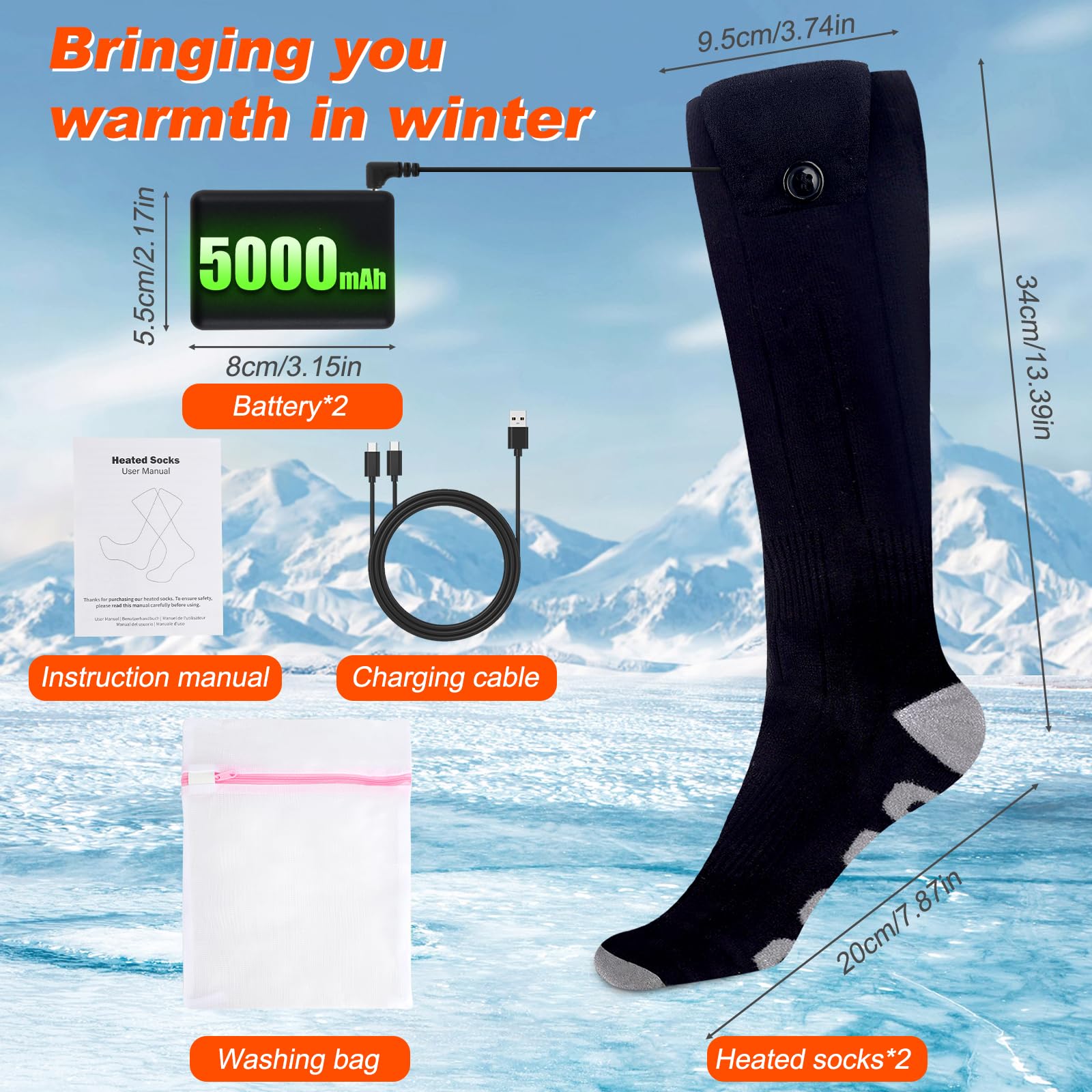 Beheizbare Socken, Beheizte Socken Damen Herren, 5000mAh Akku Wiederaufladbare Heizsocken 70℃ Fußwärmer für Außen Innen mit 4 Einstellbarer Temperatur für Winter Camping Jagd Skifahren Reiten