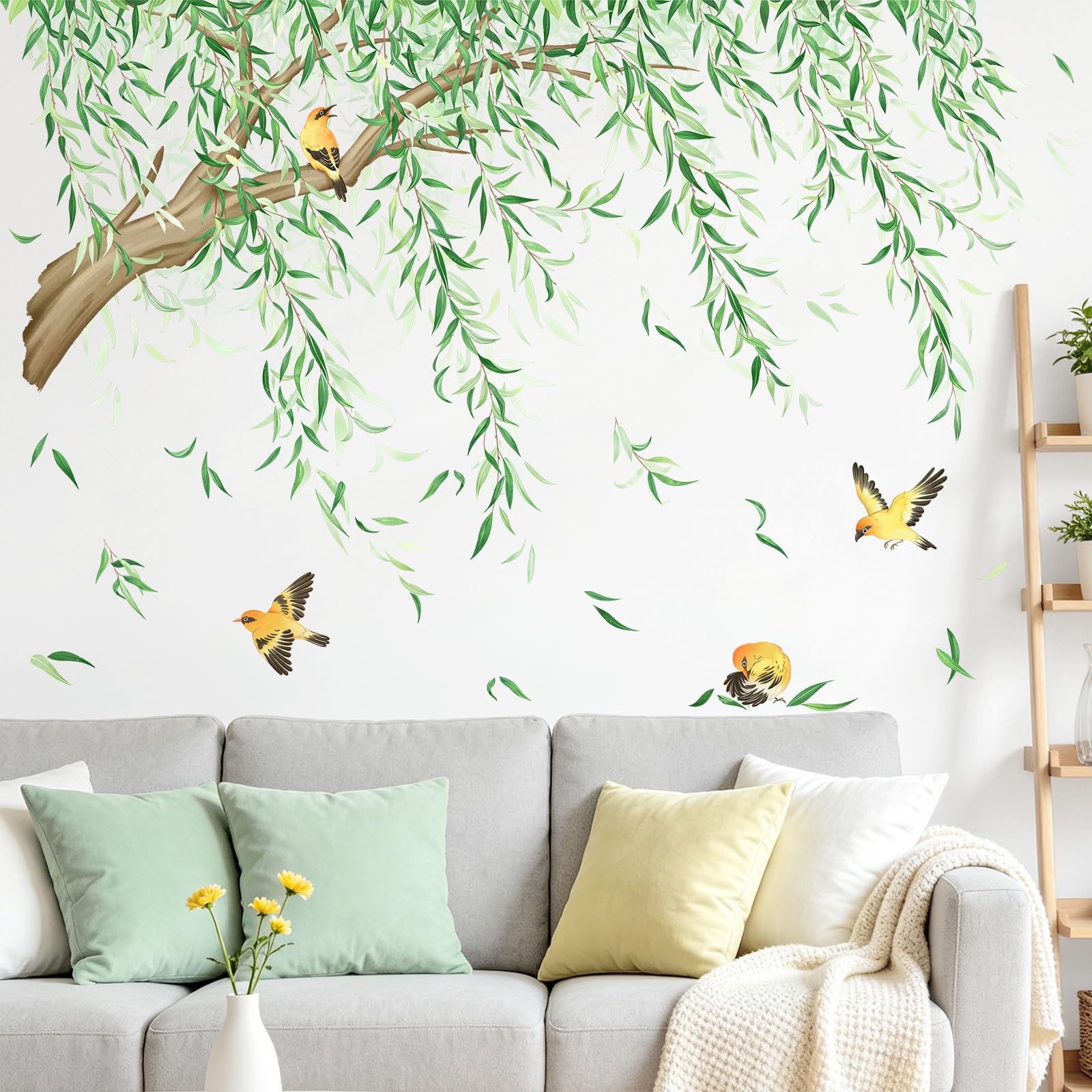Tanlaby Large Tree Wall Stickers Willow Tree Branch Hanging Vine Wall Decals Green Leaf Birds Peel and Stick Art Decor for Living Room Bedroom Bathroom TV Background