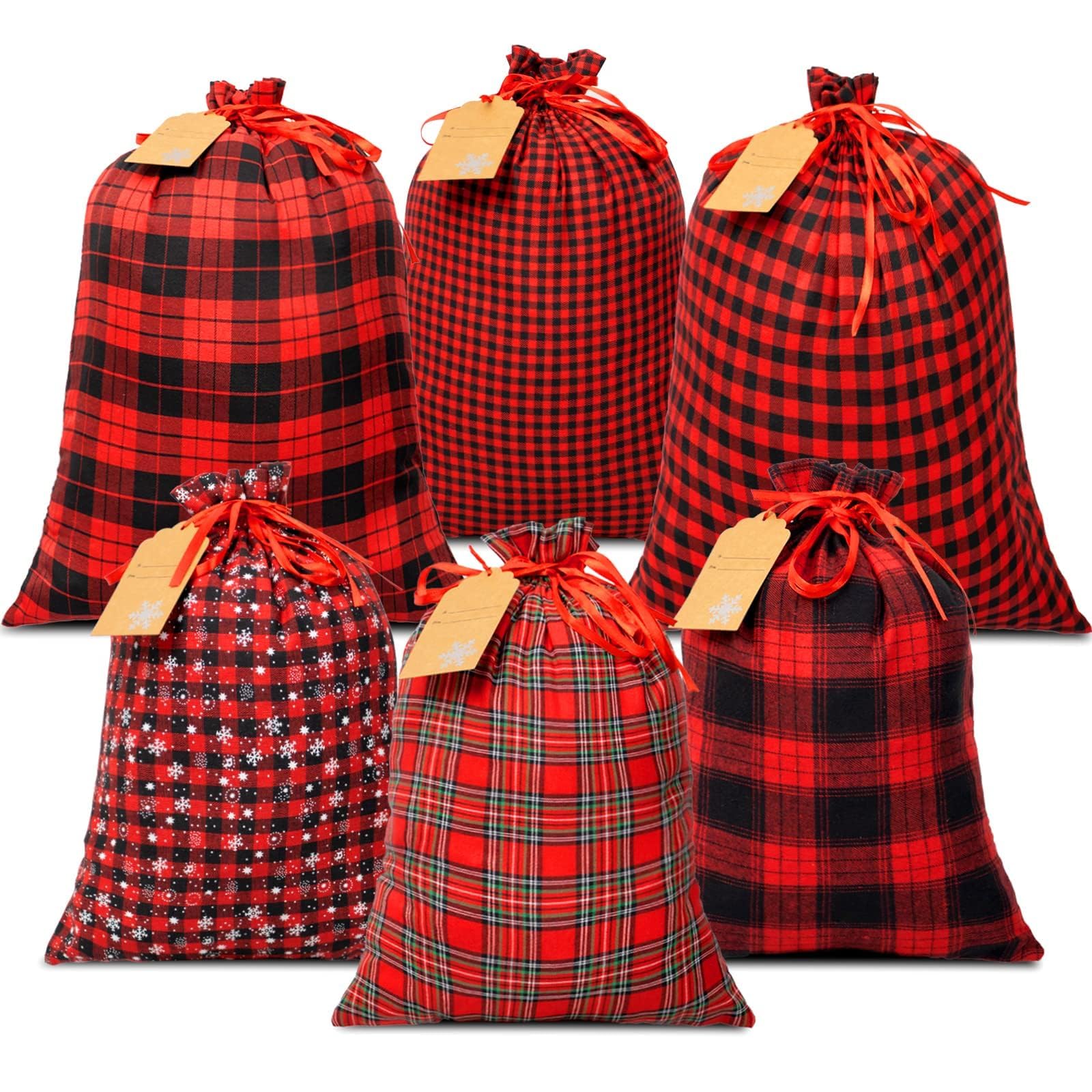 6Pcs Drawstring Christmas Gift Bags Reusable Fabric Wrapping Bags with Tags