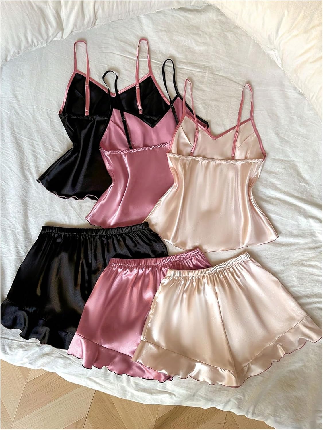 Milumia Pajama Set for Women 3 Pack Satin Silk Cami Top and Ruffle Hem Shorts Pjs