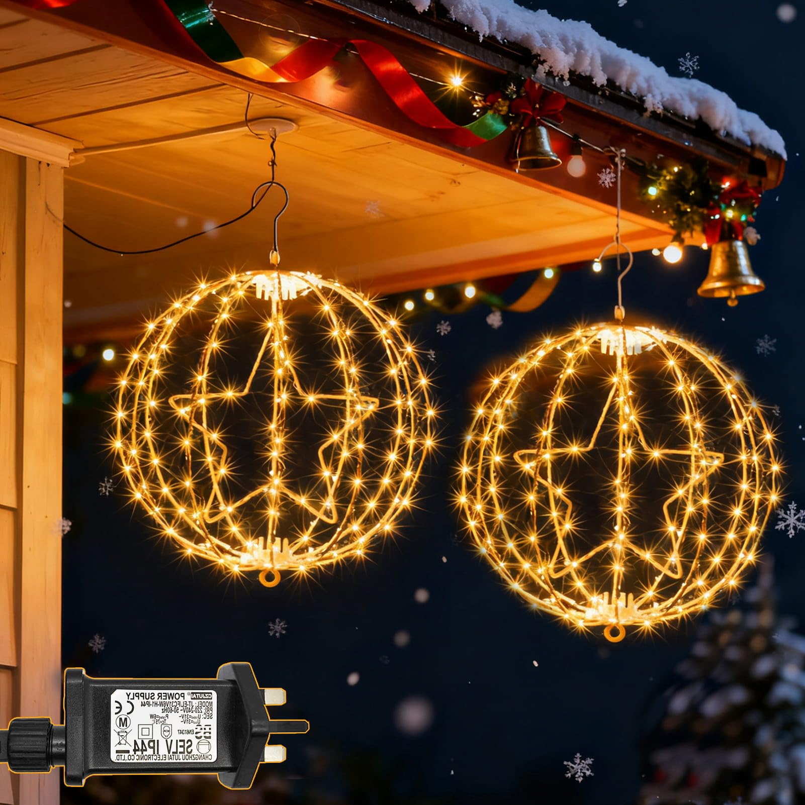 yowin 2 Pack Christmas Star Hanging Ball Lights, Plug in Window Lights