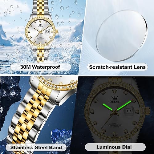 Miniatura 5 de OLEVS Reloj de acero inoxidable para mujer, estilo vintage, dorado, plateado, de dos tonos, analógico, de cuarzo, casual, impermeable, con