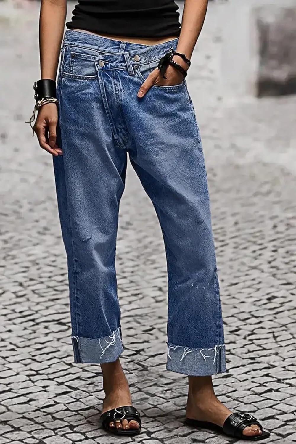 Women's Stretch Asymmetrical Fly Denim Jeans, Rolled Cuff Design, Comfortable Slim Fit Casual Pants - Image 4