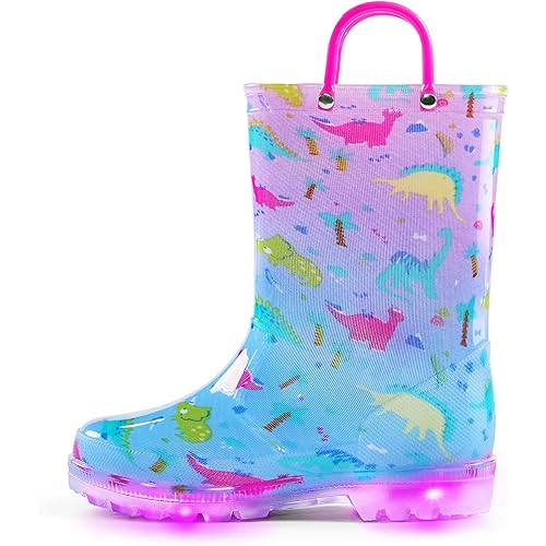 K KomForme Kids Rain Boots, Waterproof Light up Boots with Easy-on Handles