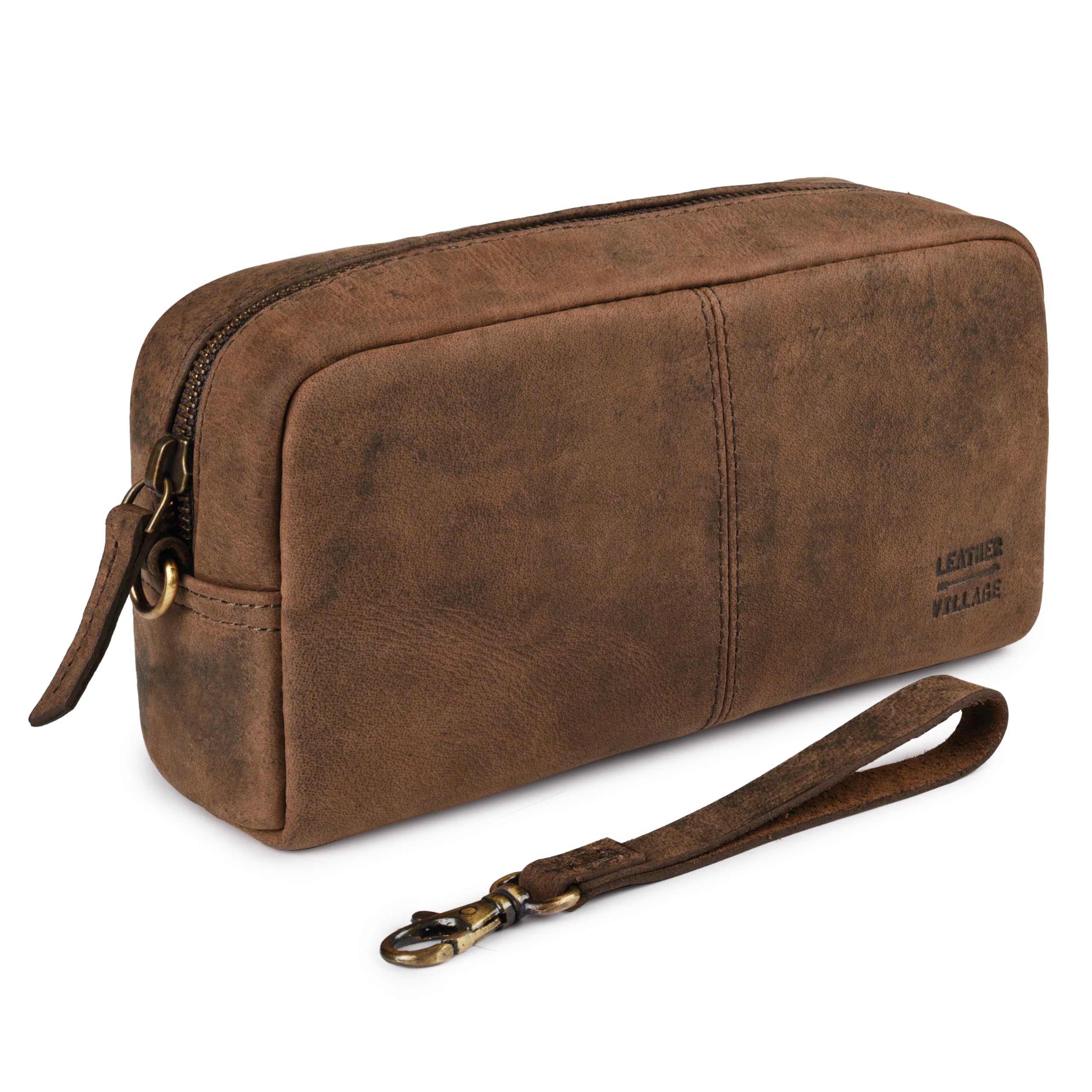 LEATHER VILLAGE Beauty case da viaggio in pelle con fodera impermeabile, mini kit Dopp vintage, organizer per rasatura e cosmetici, per uomini e donne, marrone