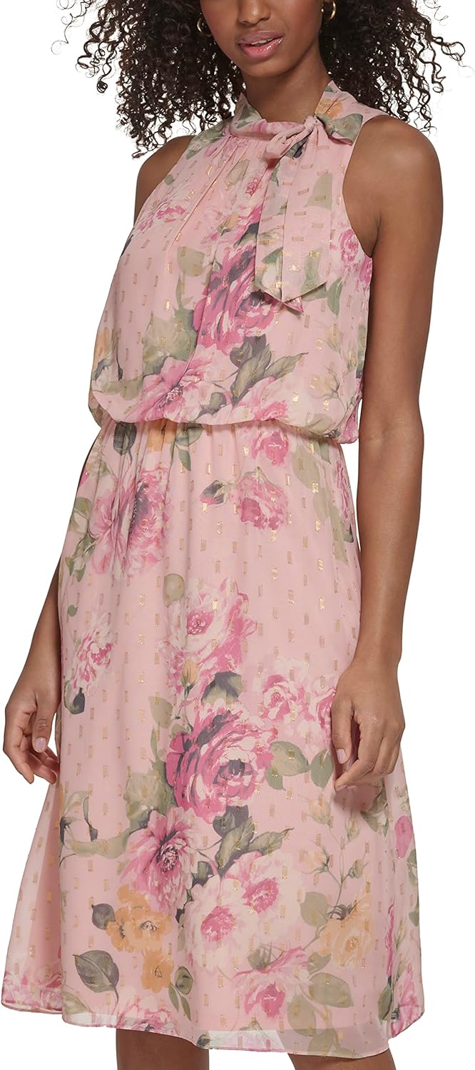 Jessica Howard Womens Fit and Flare Midi Dress with Tie Neck in Chiffon Lurex - Image 2