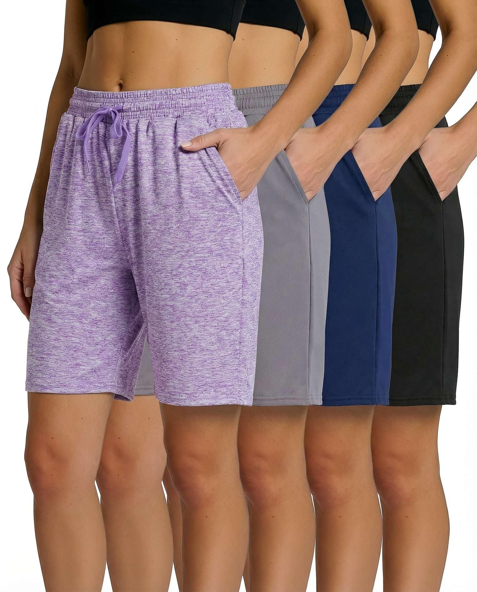 Real Essentials 4 Pack: Women's Dry-Fit Athletic 7" Bermuda Long High Waisted Running Shorts (Available in Plus Size)