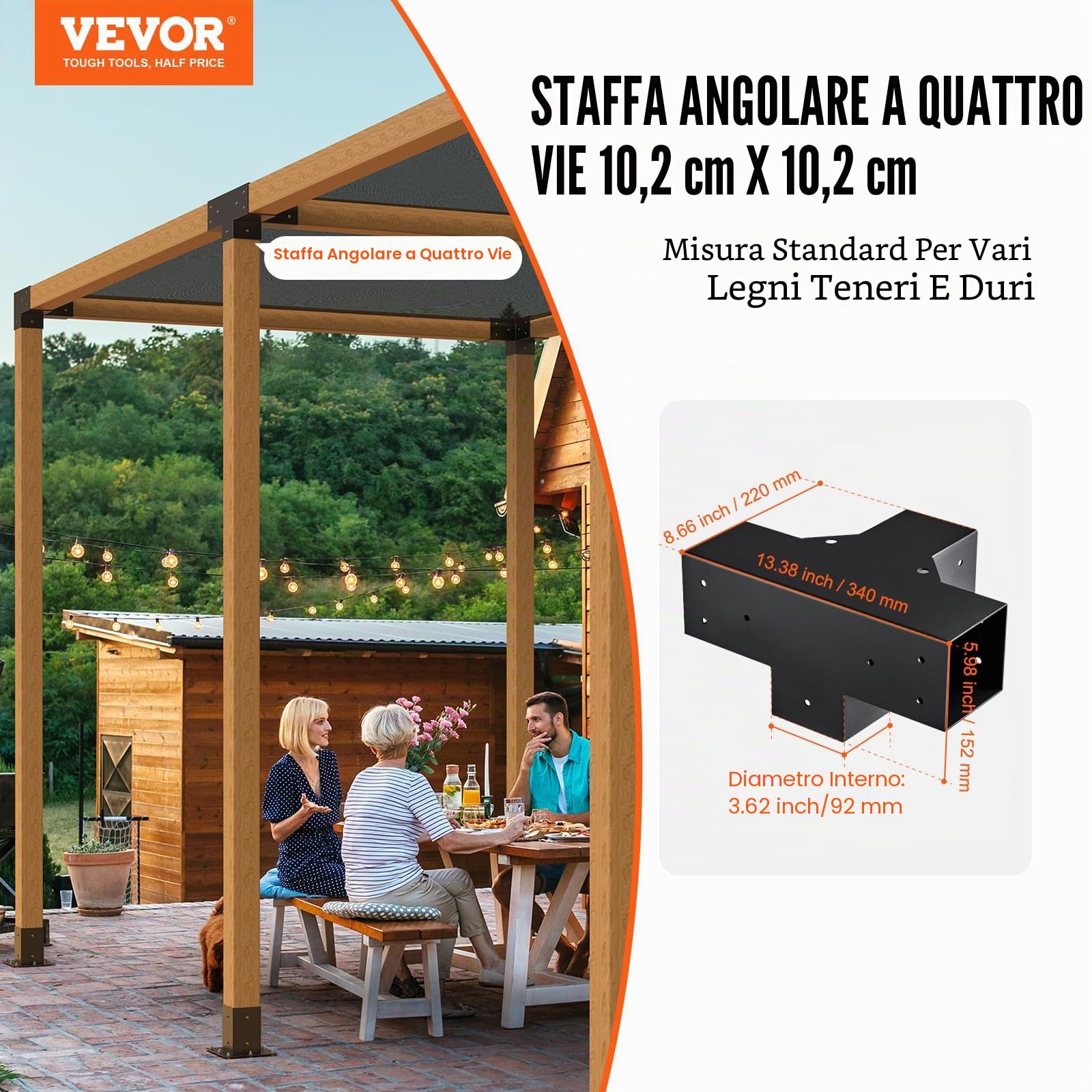 VEVOR Kit Staffe per Pergola 10x10 cm Supporto per Pali in Legno da Carpenteria 2 Staffe Angolari a 4 Vie Kit per Travi Fai da Te per Gazebo, Pergolati da Patio, Cabine, Kit Staffe per Pergola 2 pz