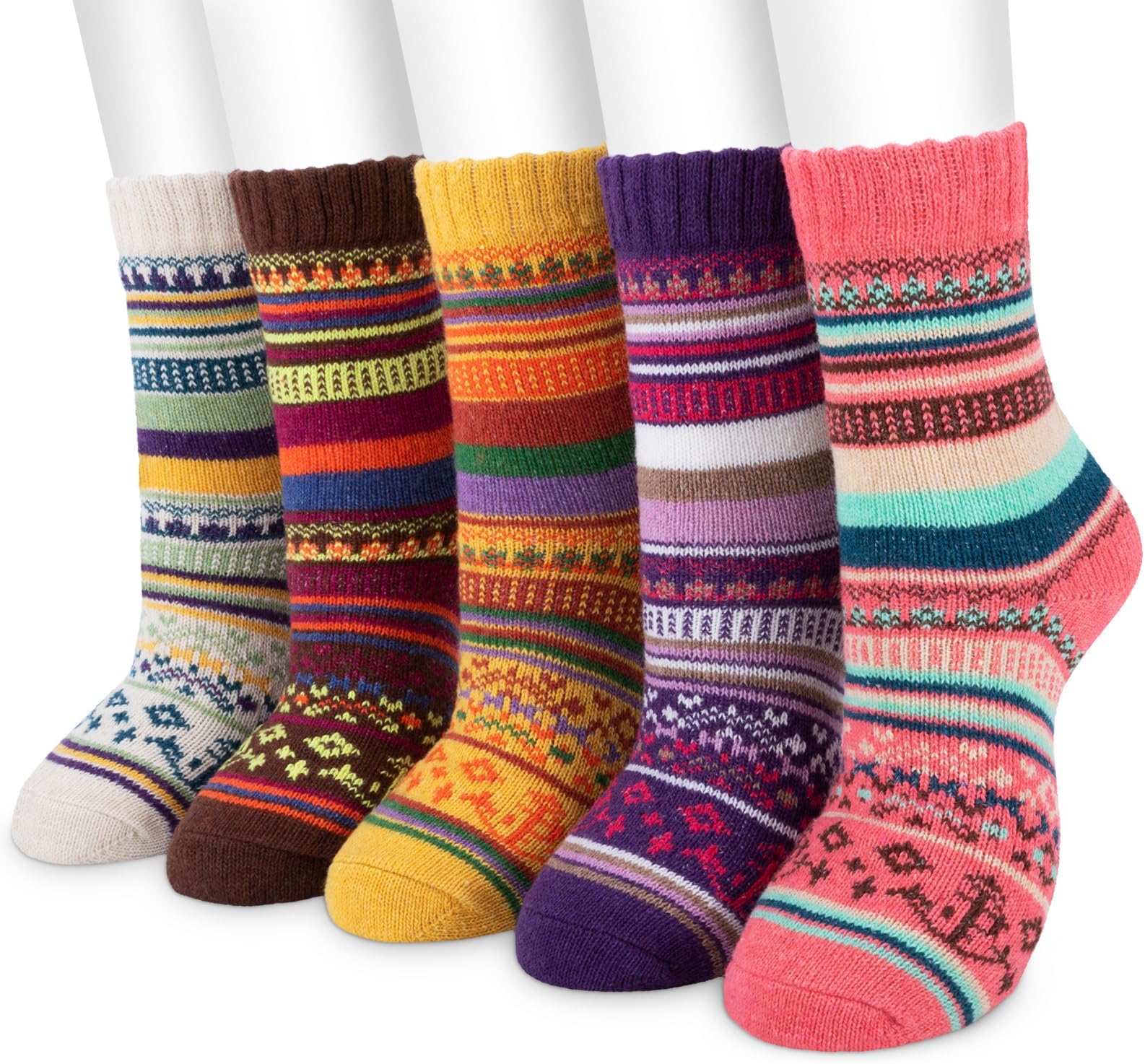 Women Winter Socks, 5 Pairs Thermal Wool Warm Knitting Ladies Socks Vintage Style Cotton Thick Bed Sock Multicoloured for Home Office School, 4/8 UK