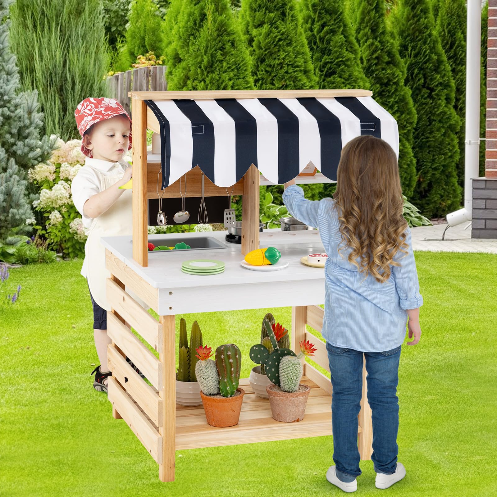 DREAMADE Matschküche Kinder Outdoor, Kinderküche aus Tannenholz mit Dach, Wassertank, Wasserhahn, Spülbecken, doppelseitige Spielküche mit 6 TLG. Zubehör, Outdoor Küche für Kinder ab 3 Jahren (Natur)