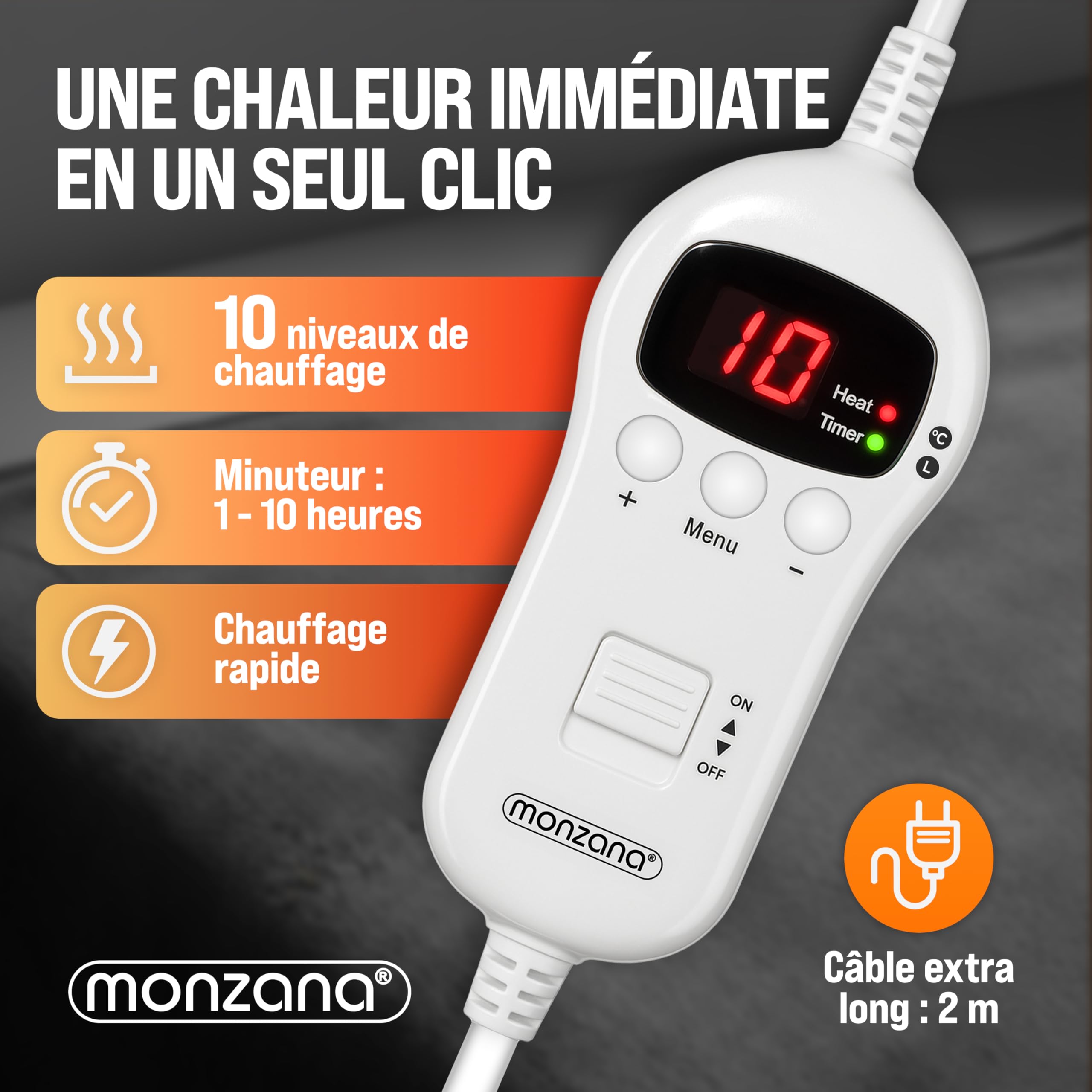 Monzana® Couverture chauffante 180x130cm 2 Places 10 Niveaux de Chauffage minuteur arrêt Automatique surmatelas Chauffant électrique Anthracite