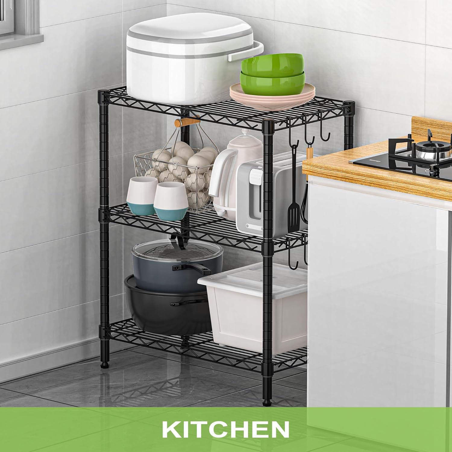 3-Tier Metal Storage Shelves, Steel Wire Rack Units Organizer, Adjustable Utility Shelf, Commercial Metal Shelf for Kitchen Garage Pantry Laundry