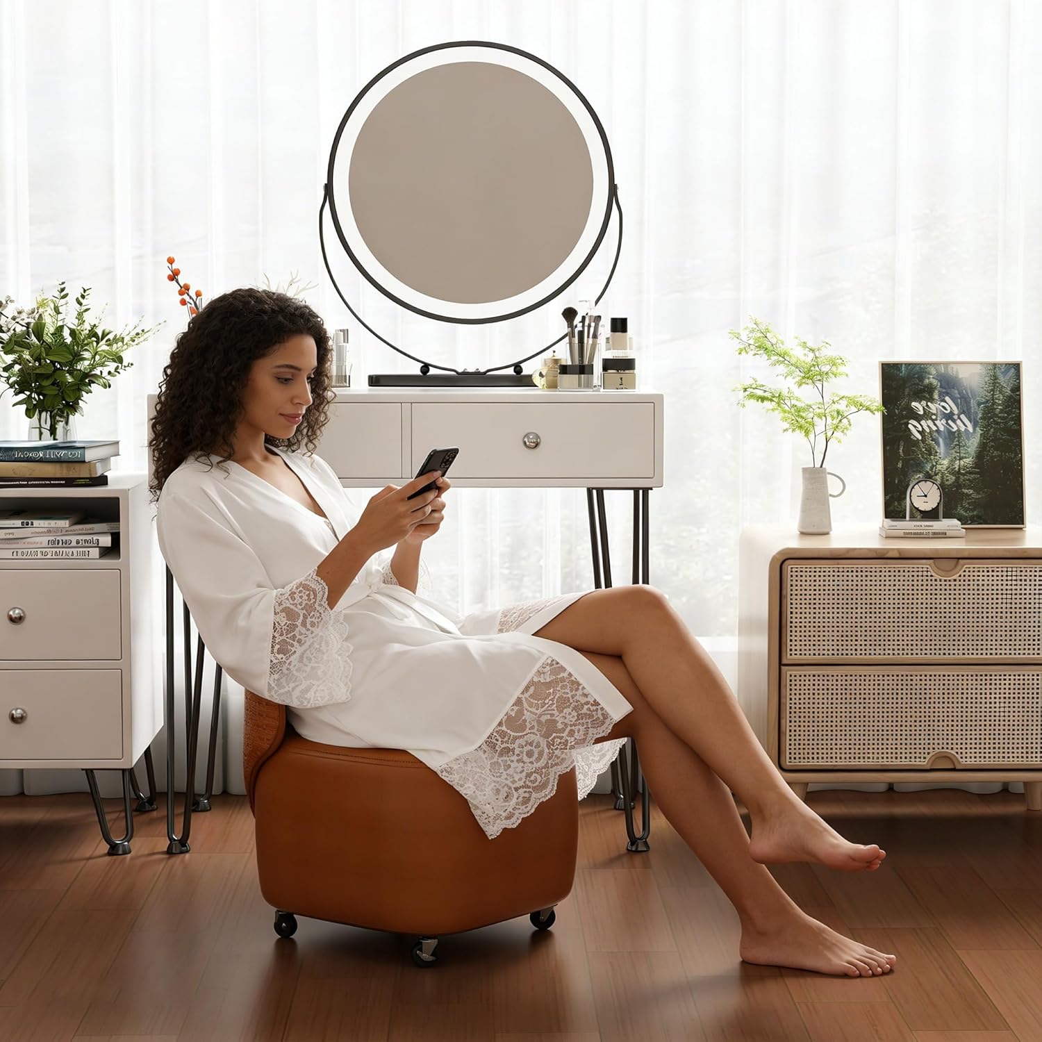 Low Roller Stool Low Height Rolling Vanity Stool with Wheels Support Back and Handle PU Leather Seat Small Upholstered Vanity Chair Foot Stool for Bedroom Dressing Living Room,Yellow