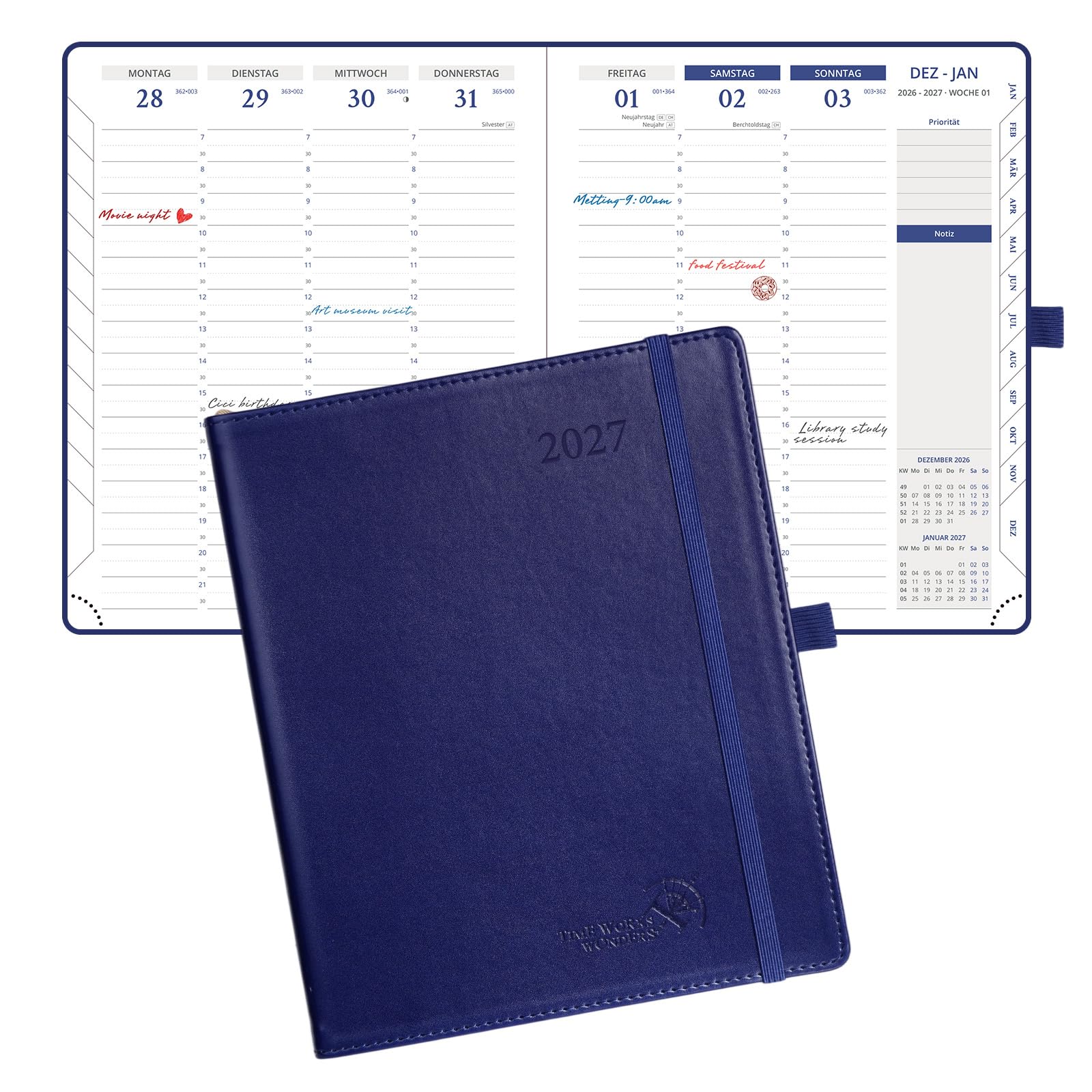 POPRUN Kalender 2027 A5 + auf Deutsch Wochenplaner mit PU-Softcover | Terminplaner,(Jan.2027-Dez.2027),Wochenplaner mit 30-Minuten-Taktung,Monatsregister,100 GSM Papier(Nachtblau)