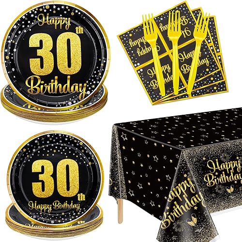 Decoraciones de cumpleaños número 30 para mujeres y hombres  Juego de 81 platos, servilletas, mantel y tenedores, color negro y dorado, decoraciones