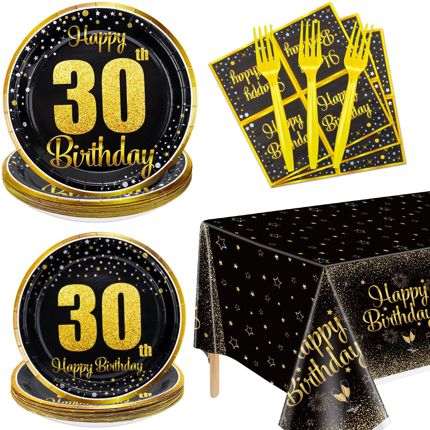 30th Birthday Decorations for Women and Men - 81 Pcs Plates Napkins 30th Tablecloth Forks Set Black and Gold Party Decorations Serve 20