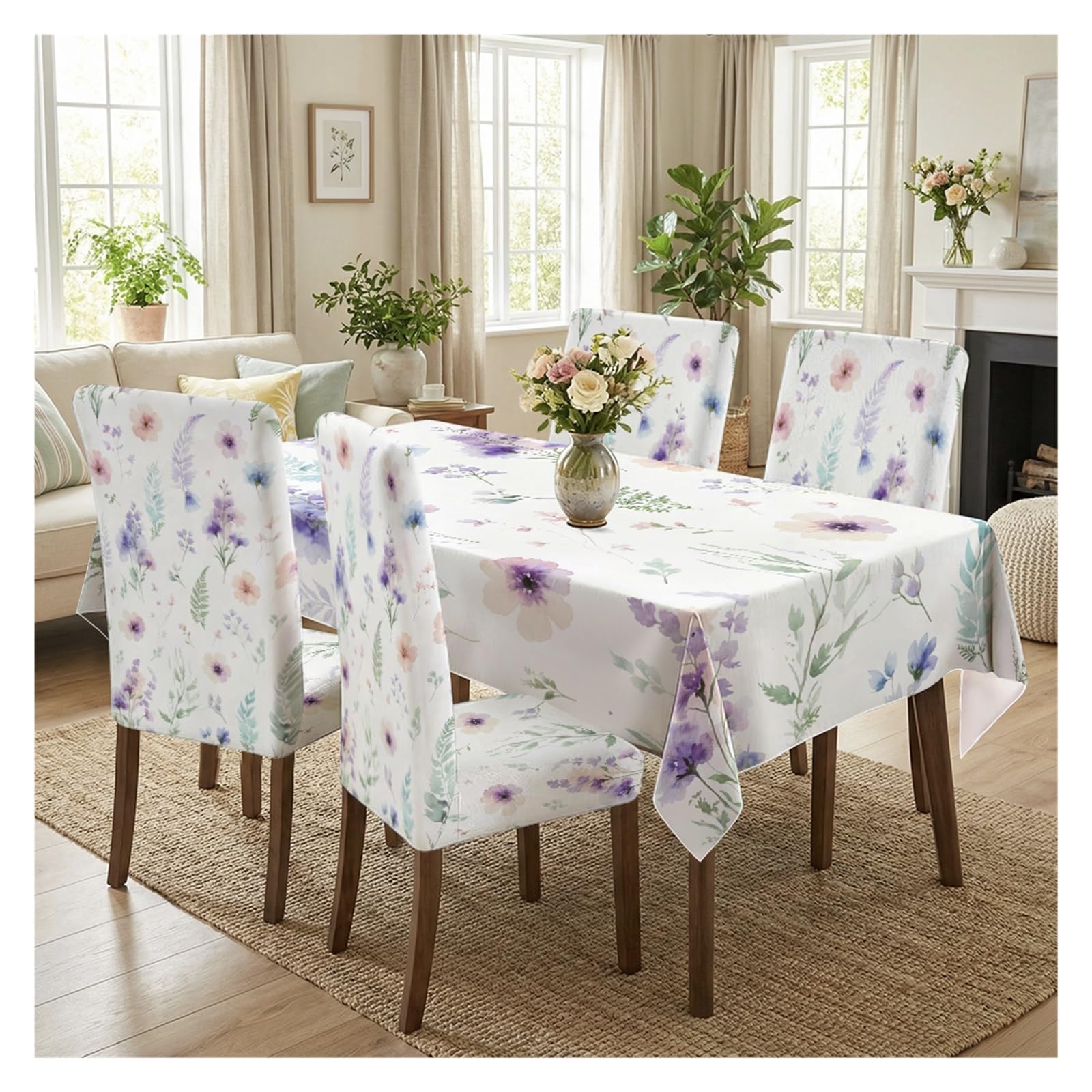 BOSUYBN Watercolor Pink & Purple Wildflower Print Dining Tablecloth And Chair Covers Set, 5/7 Pack Botanical Slipcover For Dining Room Kitchen Table Setting(5pcs Set: Tablecloth+Chair Covers)