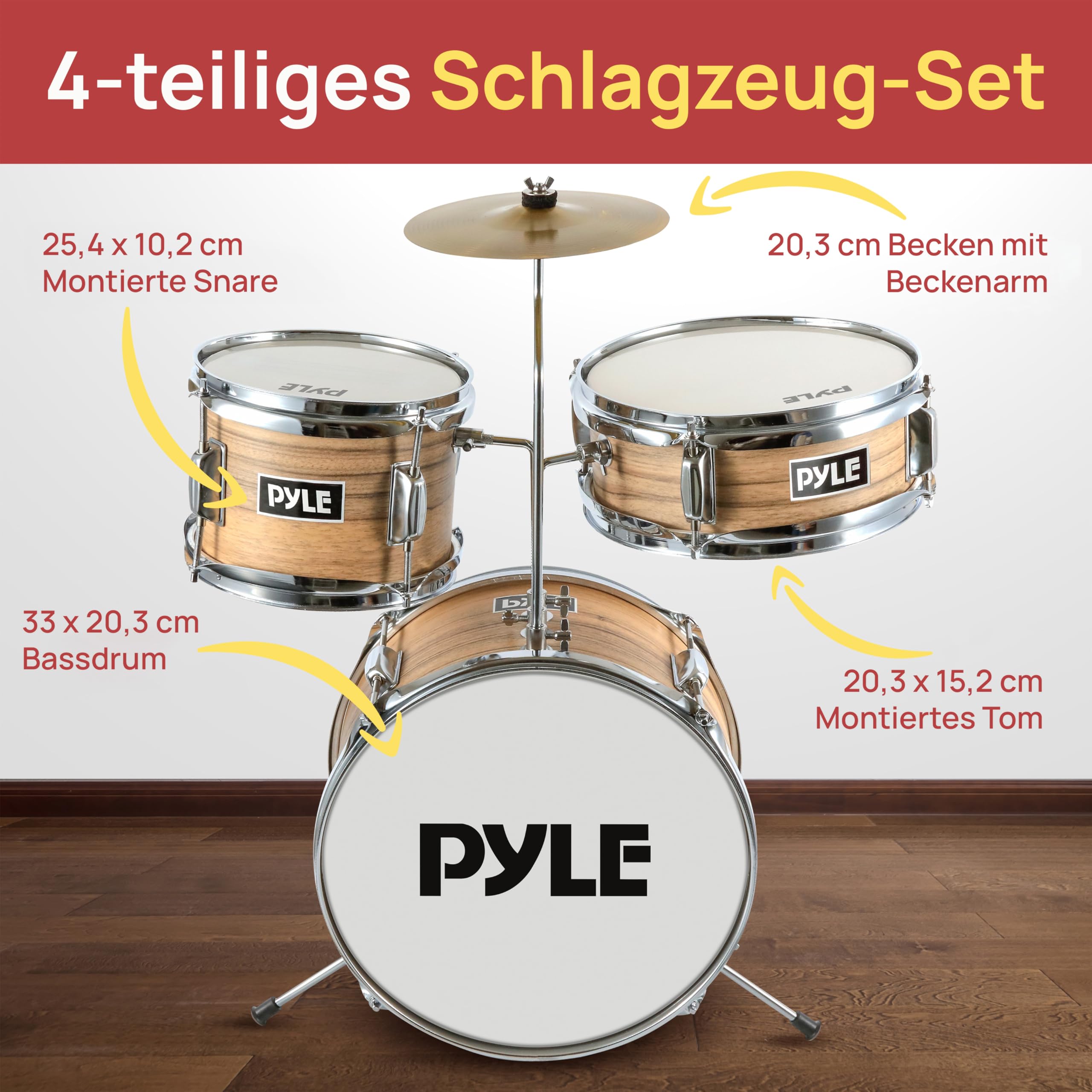 Pyle Kinder Schlagzeug Set – 5-teiliges Drum Kit mit Hocker & Basspedal | Für Kinder 3–12 Jahre, inkl. Bass Drum, Snare Drum, Drumsticks, Dämpfer & Zubehör – Einsteiger Percussion Set