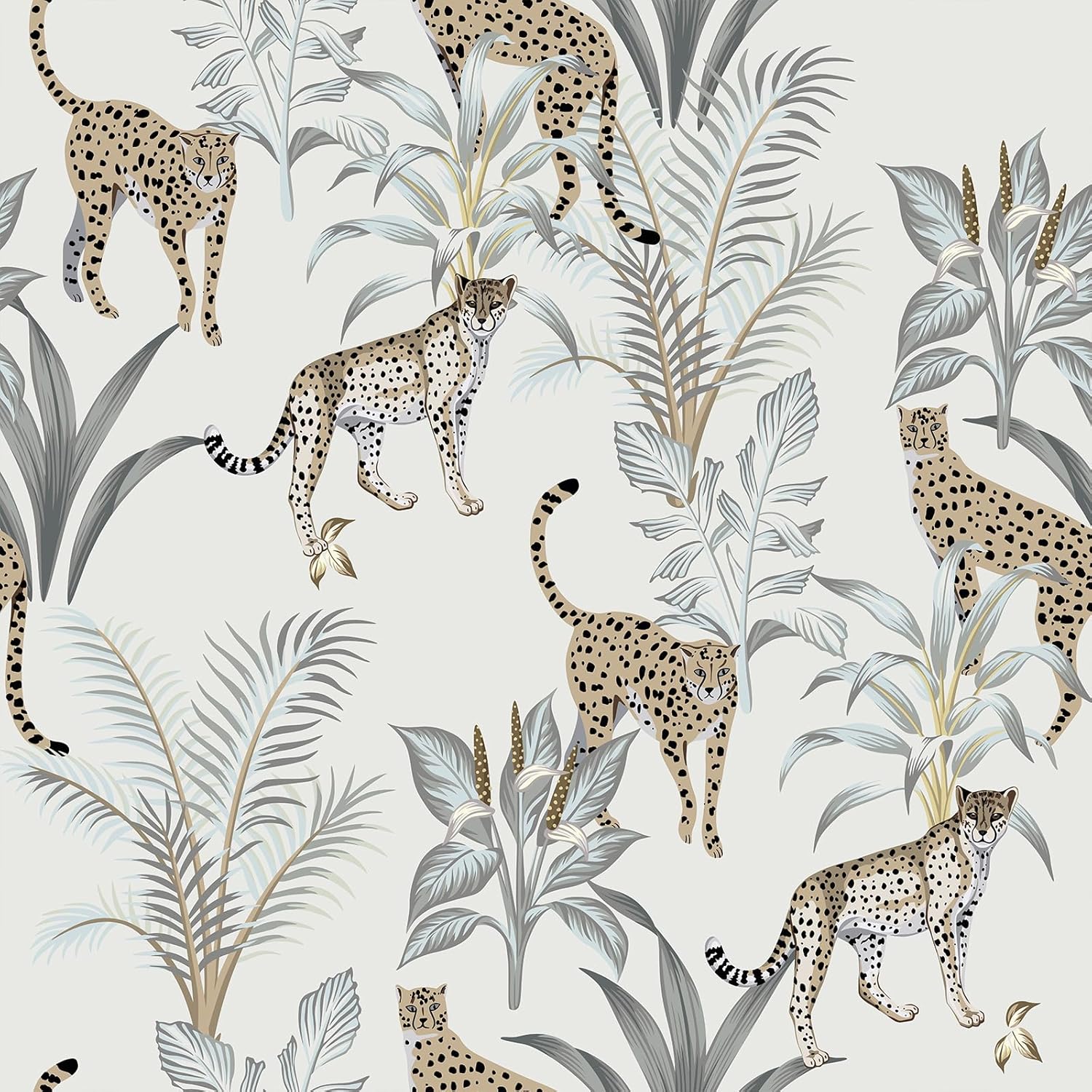 VaryStyle 17.7"x393" Grey Jungle Leopard Wallpaper Peel and Stick Wallpaper Animals Cheetah Palm Tree Wallpaper Grey Tropical Contact Paper Waterproof Vinyl Wall Paper for Farmhouse Bathroom Playroom