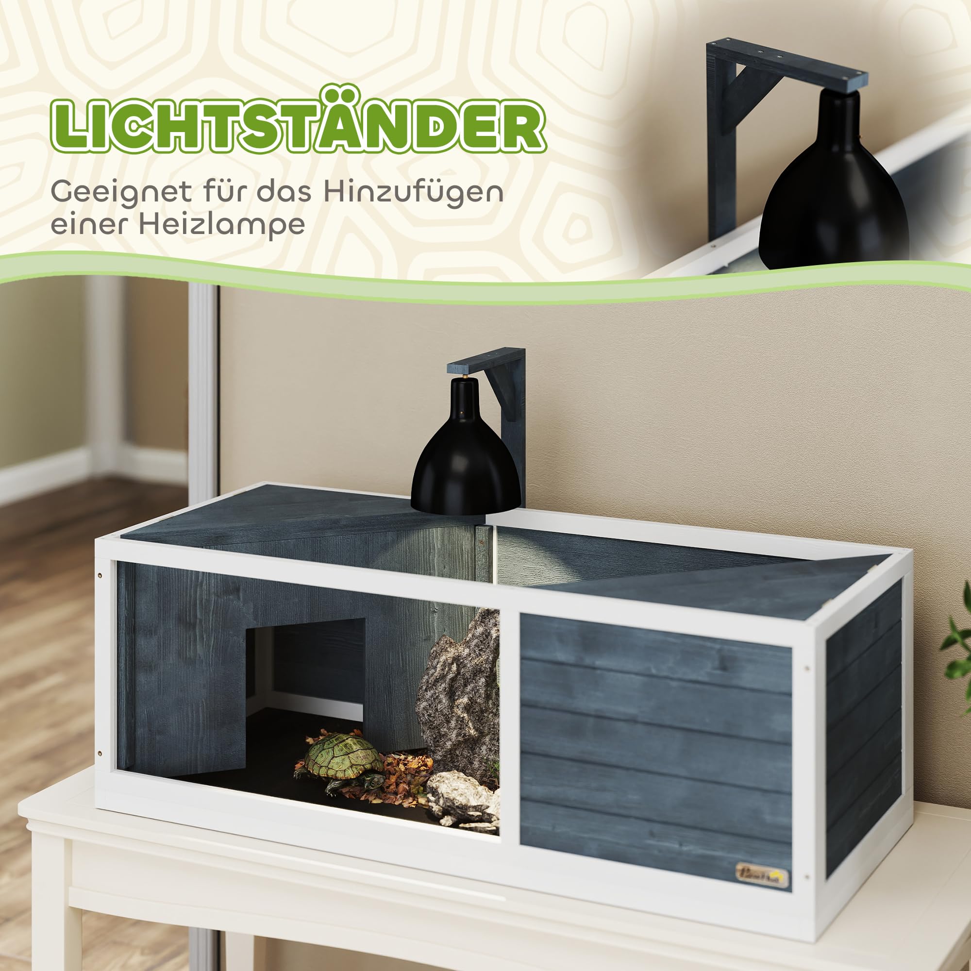 PawHut Schildkrötenhaus aus Holz, Schildkrötengehege mit Zwei Haupthäusern, aufklappbarem Oberseite, Lichtständer, transparenter Frontplatte, Reptilienkäfig für Amphibien 120 x 50 x 40 cm, Grau