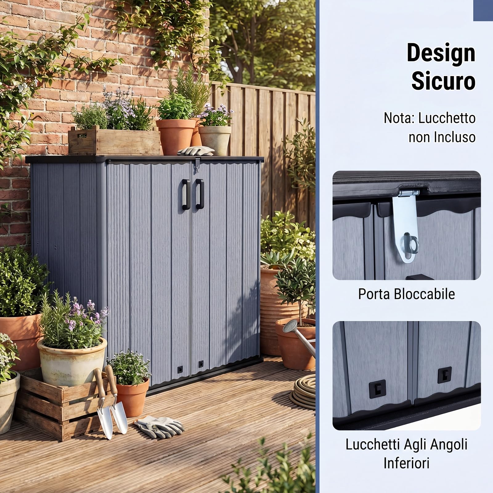 COSTWAY Armadio da Esterno e Interno Impermeabile, Mobile Contenitore per Attrezzi in Plastica PP e HDPE con Porta con Serratura e Tetto scanalato di Drenaggio, 120 x 65 x 117 cm (Grigio)