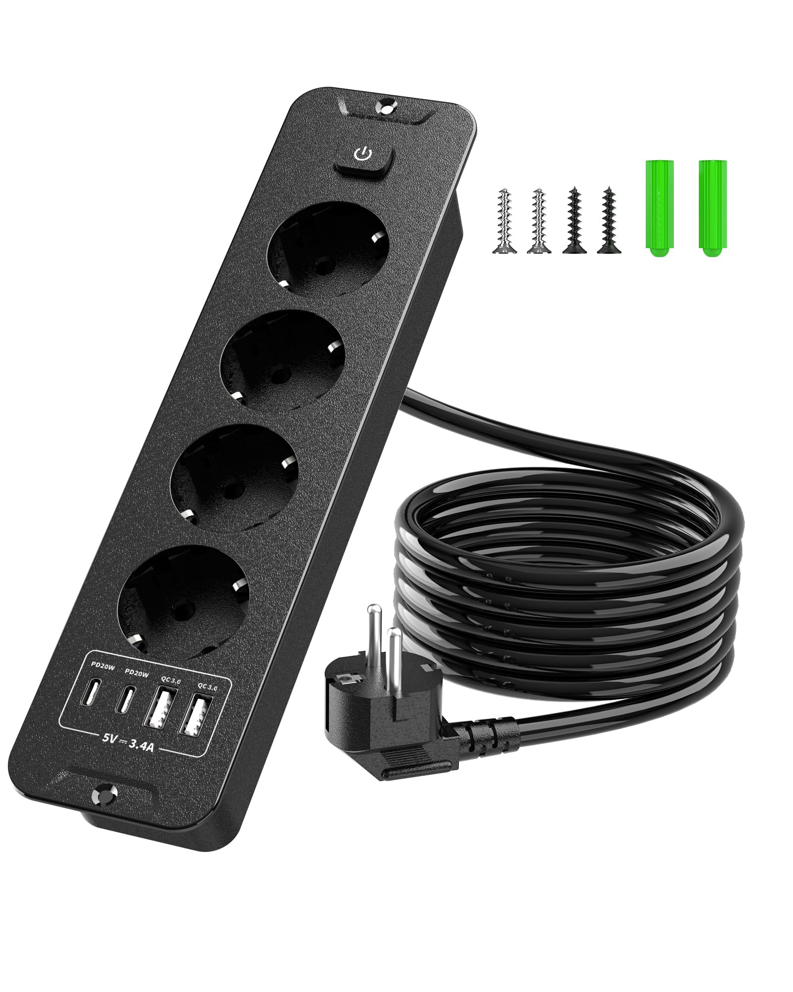 Ciabatta elettrica con USB (PD 20 W), 4 prese, a scomparsa, 8 in 1, presa da tavolo, presa multipla con cavo da 2 m, per cucina, ufficio, piano di lavoro, 3680 W/16 A