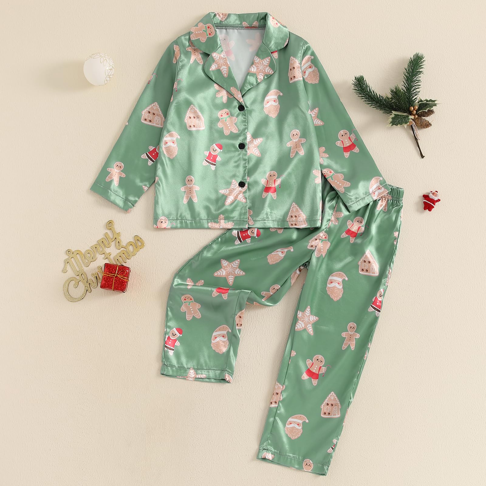 Fsadfeas Kids Girls Pajamas Baby Short/Long Sleeve Santa Claus Button Down Top Pants Satin Silk Halloween Christmas Pajamas (Gingerbread Man Green, 4-5 Years)