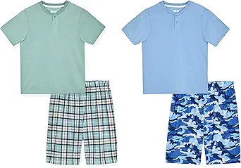 Sleep On It Boys Pajamas Shorts Set 4 Piece Pajama T-Shirt and Short Sets Summer Sleepwear for Kids (2 Full Sets)