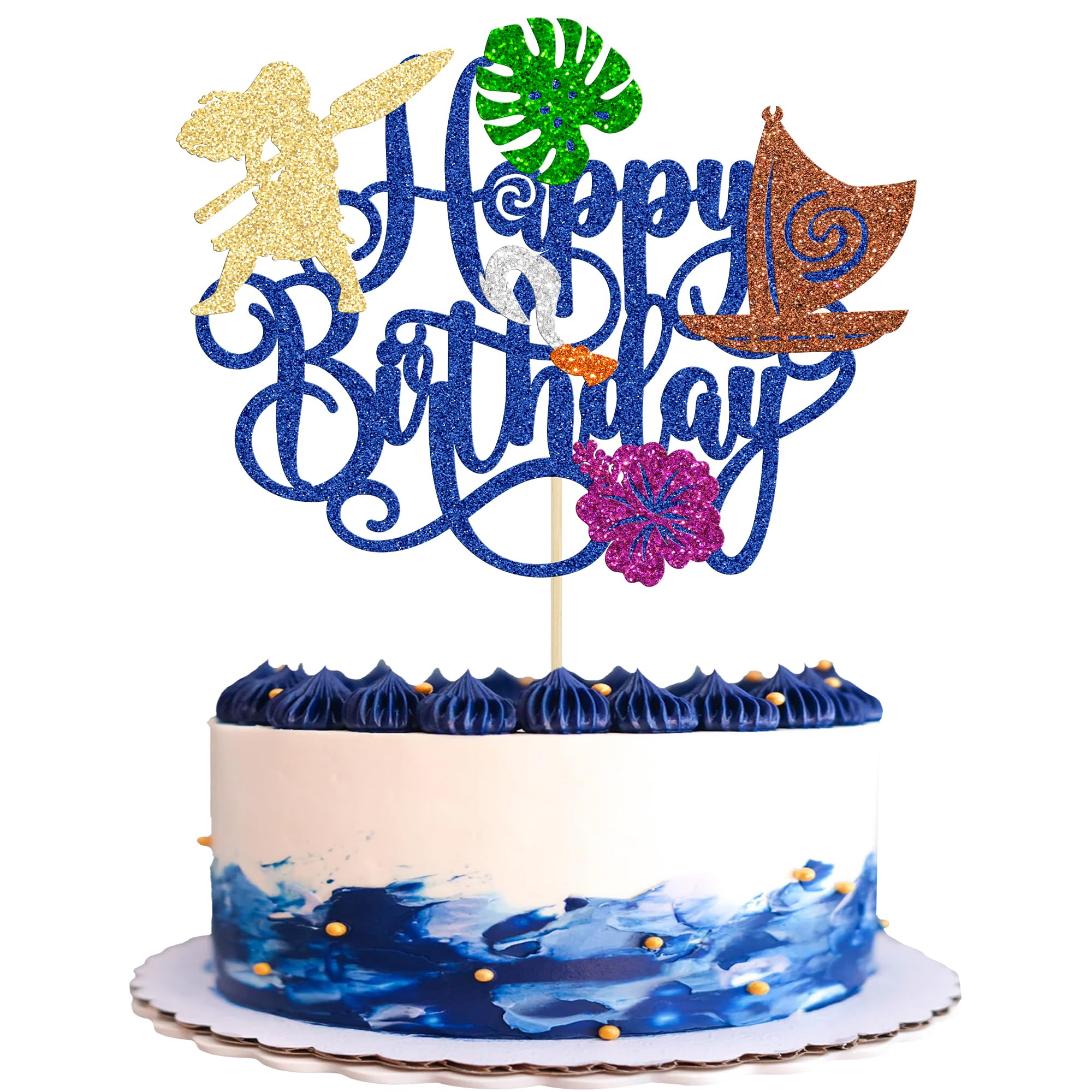 Ephlyn 1Pc Moana Happy Birthday Cake Topper Glitter Palm Leaf Flower Moana Cake Pick for Tropical Hawaiian Luau Theme Baby Shower Kids Birthday Party Cake Decorations Supplies