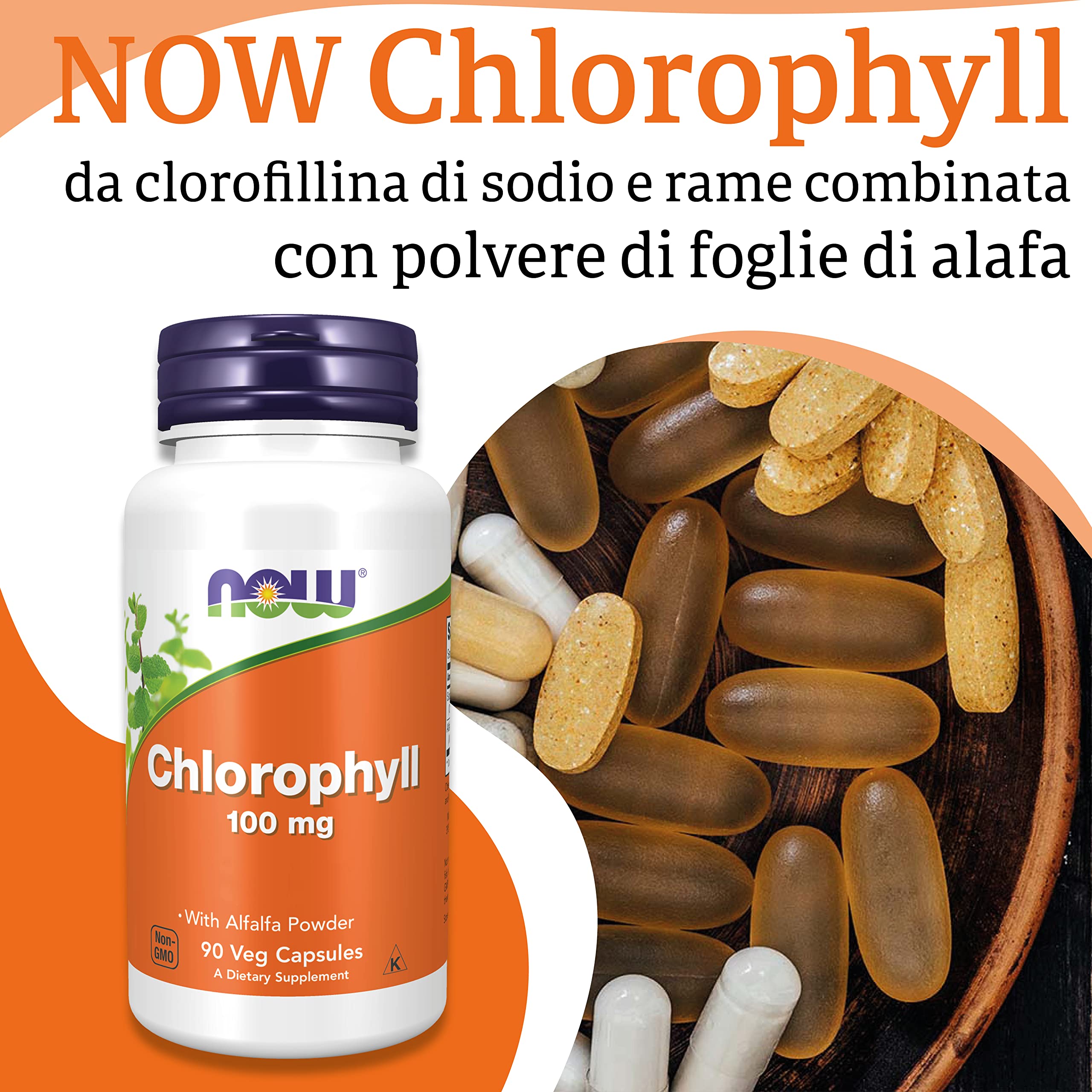 Now Foods, Chlorophyll (Clorofilla), 100 mg, 90 Capsule vegane, Testato in Laboratorio, Vegetale, Minerali, Senza Glutine, Senza Soia, Vegetariano