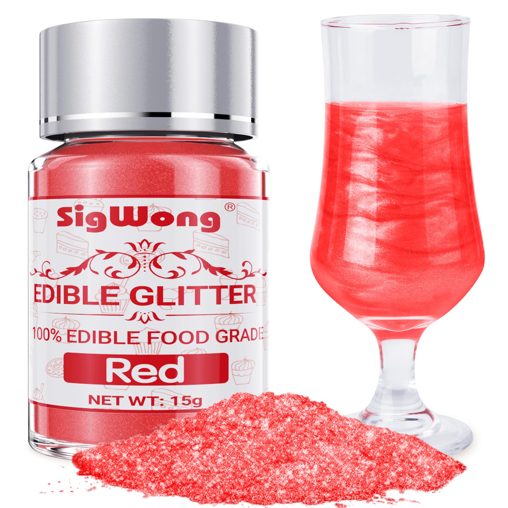 Red Edible Glitter - 15g Food Grade Luster Dust Powder, Cake Decorating Sprinkle Glimmery Dust for Drinks, Wine, Fondant, Chocolate, Candy, Cookie, Vegan
