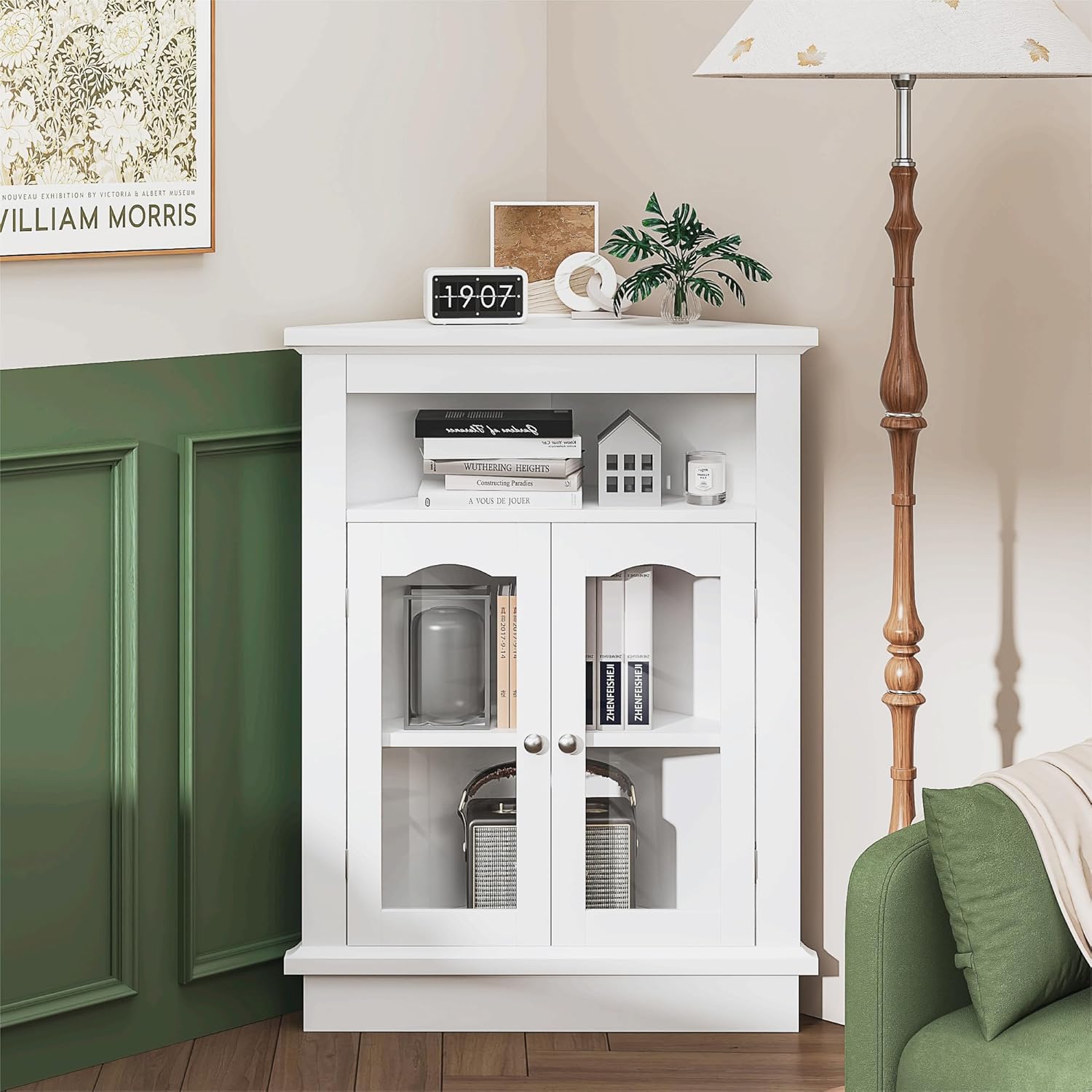 VECELO Corner Bathroom Cabinet, Freestanding Storage Cabinet with Doors and Adjustable Shelves, Floor Cupboard for Toilet, Kitchen, Living Room, White