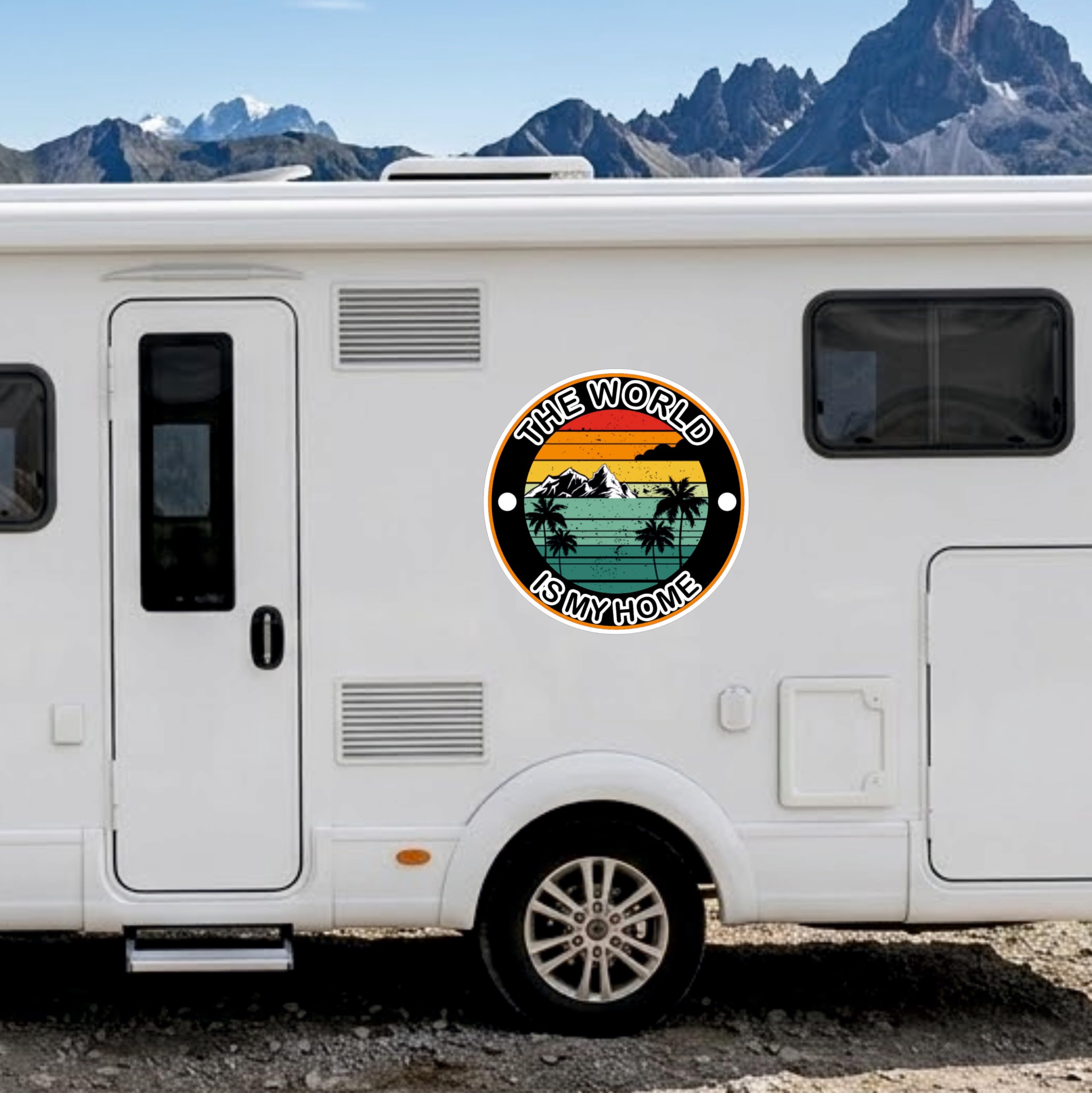 Autocollants Camper phrase 'The World Is My Home', PVC Air Free, Ronds, 2 pièces, 50 x 50 cm autocollant caravane caravane - accessoires graphiques 0466