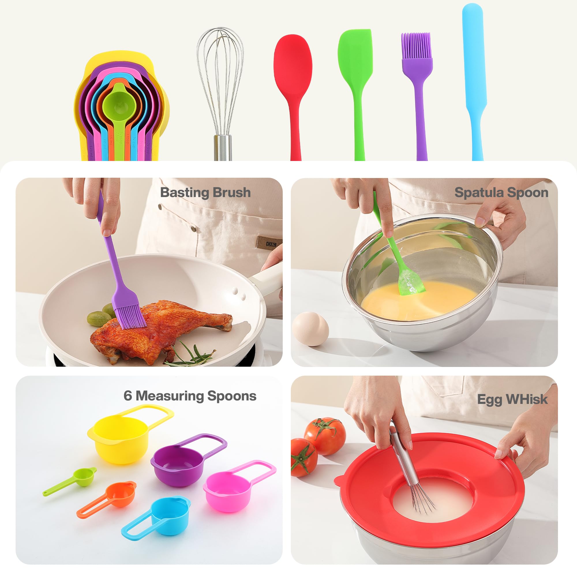Juego de cuencos para mezclar con tapas, 7 cuencos para hornear, cocinar, preparar y almacenar alimentos, cuencos de acero inoxidable multicolor, incluye tazas medidoras, cuchara, cepillo y otras 11