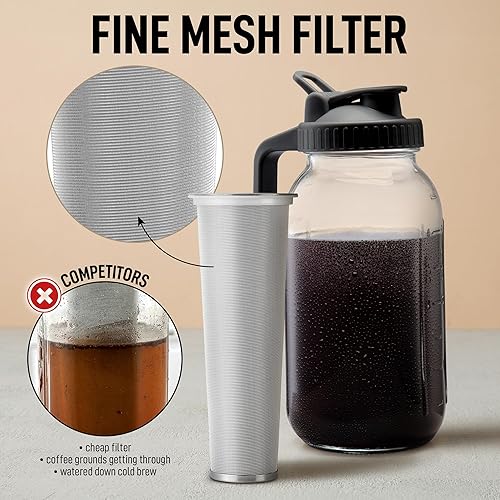 Miniatura 4 de Cafetera de infusiones en frío de 1 galón con jarra de vidrio extra gruesa y filtro de malla de acero inoxidable, cafetera premium, para café