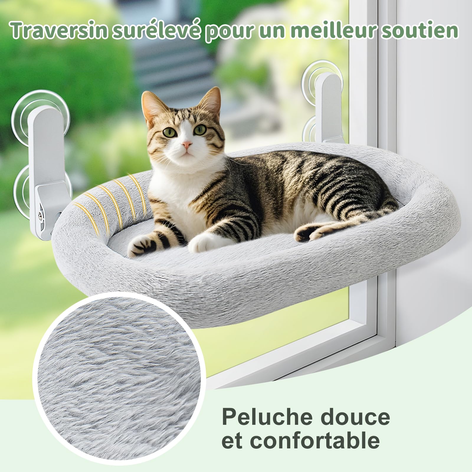 GUUSII HOME Hamac Chat Fenetre Panier Suspendu et Perchoir pour Grande Chats Lit Etagere de Fenêtre Pliable Transat Facile à Monter Housse Lavable en Machine avec Ventouses Support 18kg (Gris)