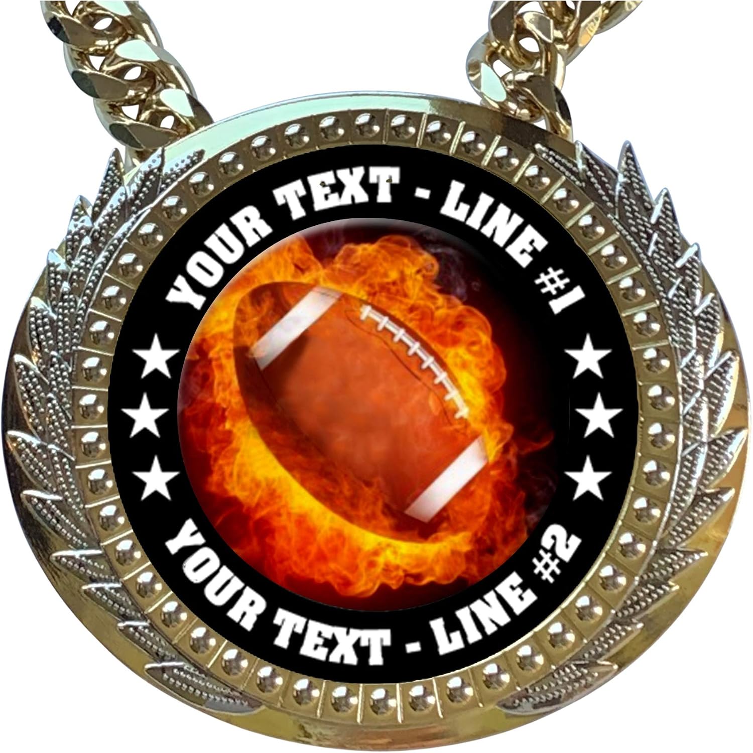 Express Medals Metal Version Flame Football Champ Chain Trophy with 2 Lines of Personalized Custom Text on a Large Award Medal and Attached 34 inch Long Metal Neck Chain. EMFCL802