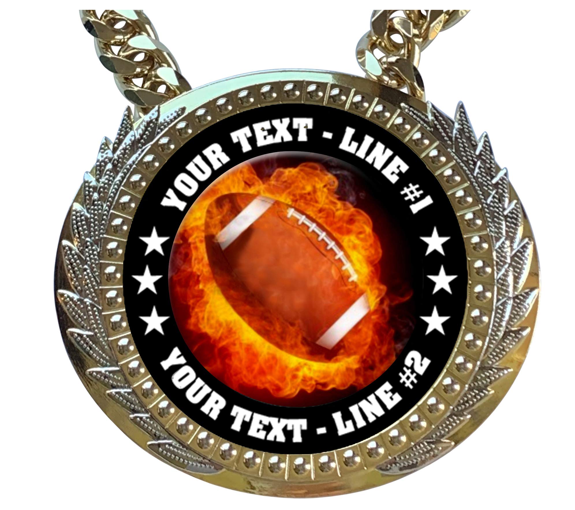 Express Medals Metal Version Flame Football Champ Chain Trophy with 2 Lines of Personalized Custom Text on a Large Award Medal and Attached 34 inch Long Metal Neck Chain. EMFCL802