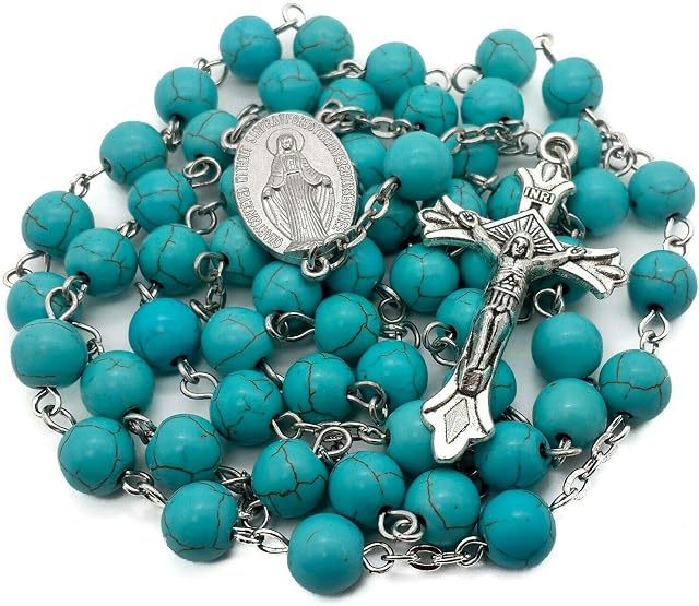 Nazareth Store Genuine Marble Beads Rosary Necklace Miraculous Medal Cross Crucifix in Velvet Bag