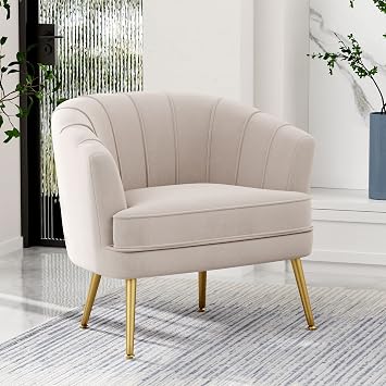 Andeworld Velvet Accent Chair, Barrel Armchair, Beige