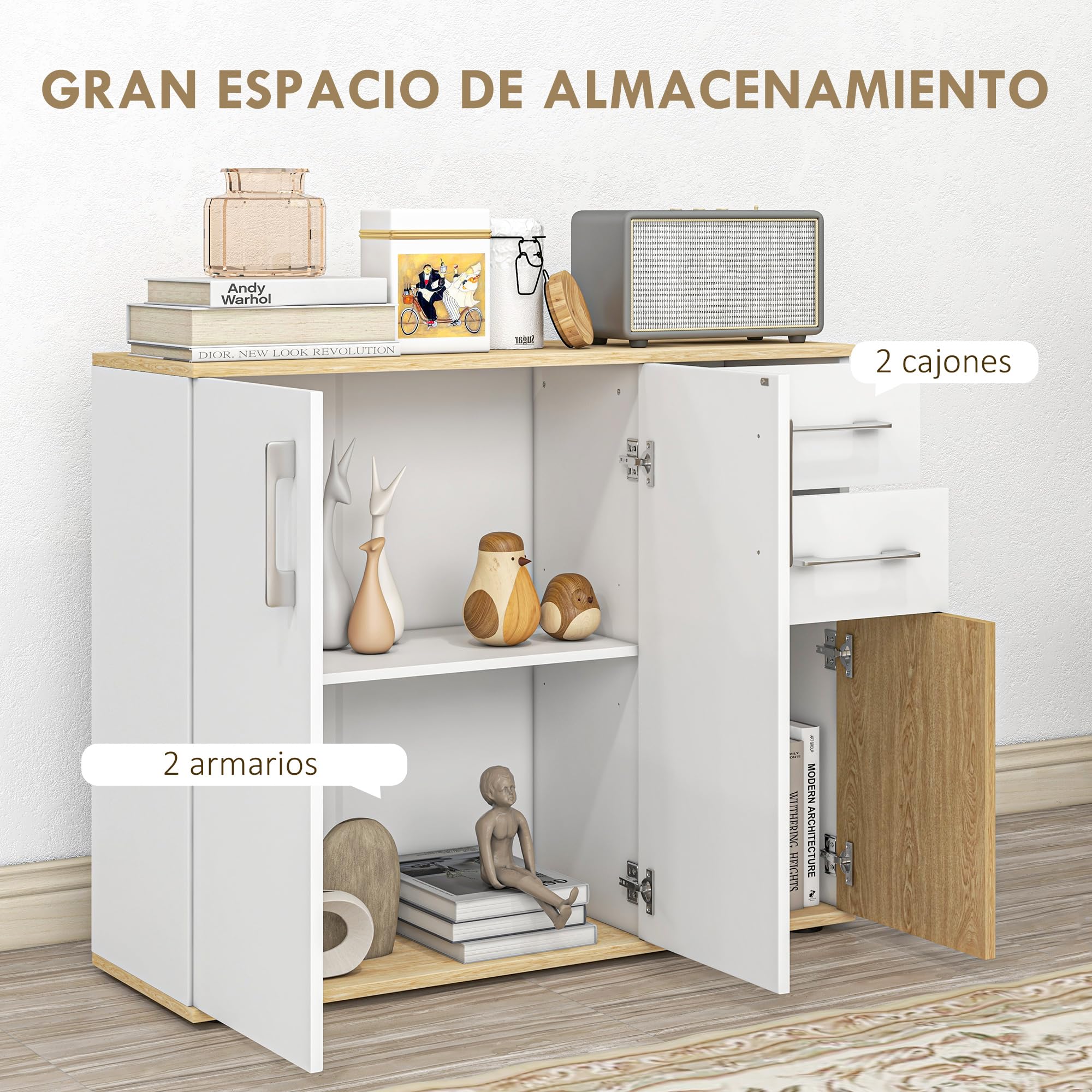 HOMCOM Aparador de Salón Moderno Aparador de Cocina con 2 Cajones 2 Armarios y Estantes Ajustables para Dormitorio Comedor Recibidor 90x30x75,5 cm Blanco y Natural