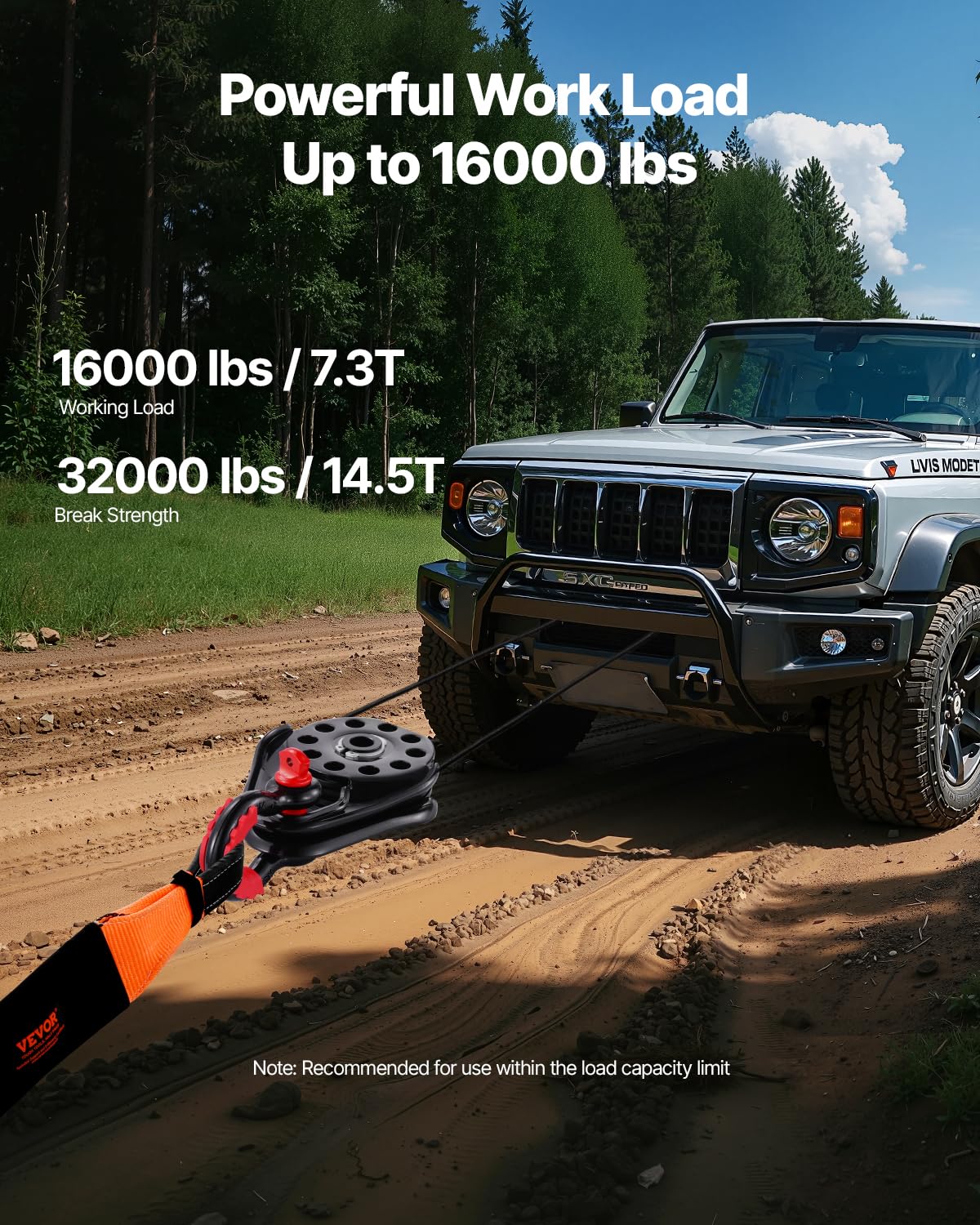 VEVOR Snatch Block per Recupero Verricello 14,5 T, Sistema di Carrucole Resistenza Rottura 14,5 T con Corda 9,5 mm Accessorio di Recupero Fuoristrada per Recupero su Camion, Trattori, ATV e UTV
